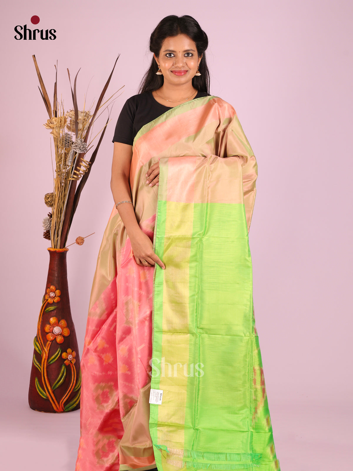 Peach &  Light Green- Semi uppada Saree - Shop on Shrus.com