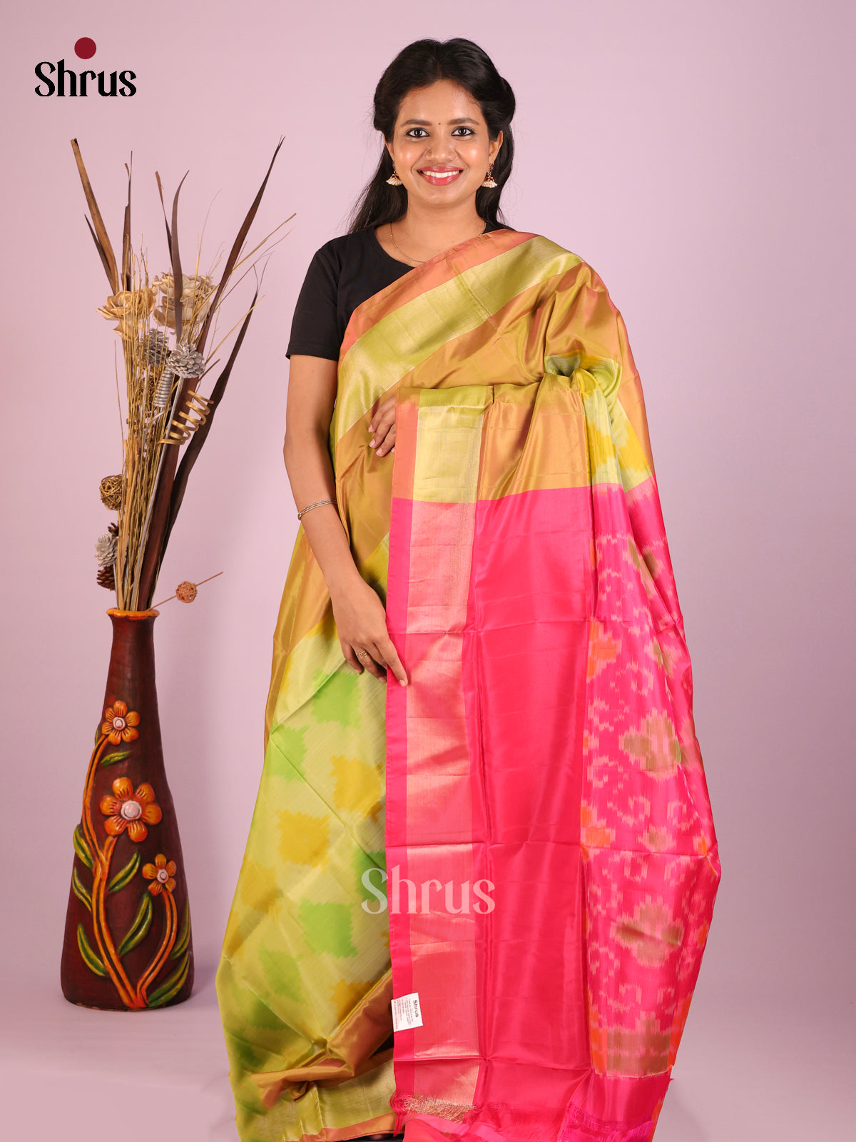 Mustardy Green & Pink - Semi uppada Saree - Shop on Shrus.com