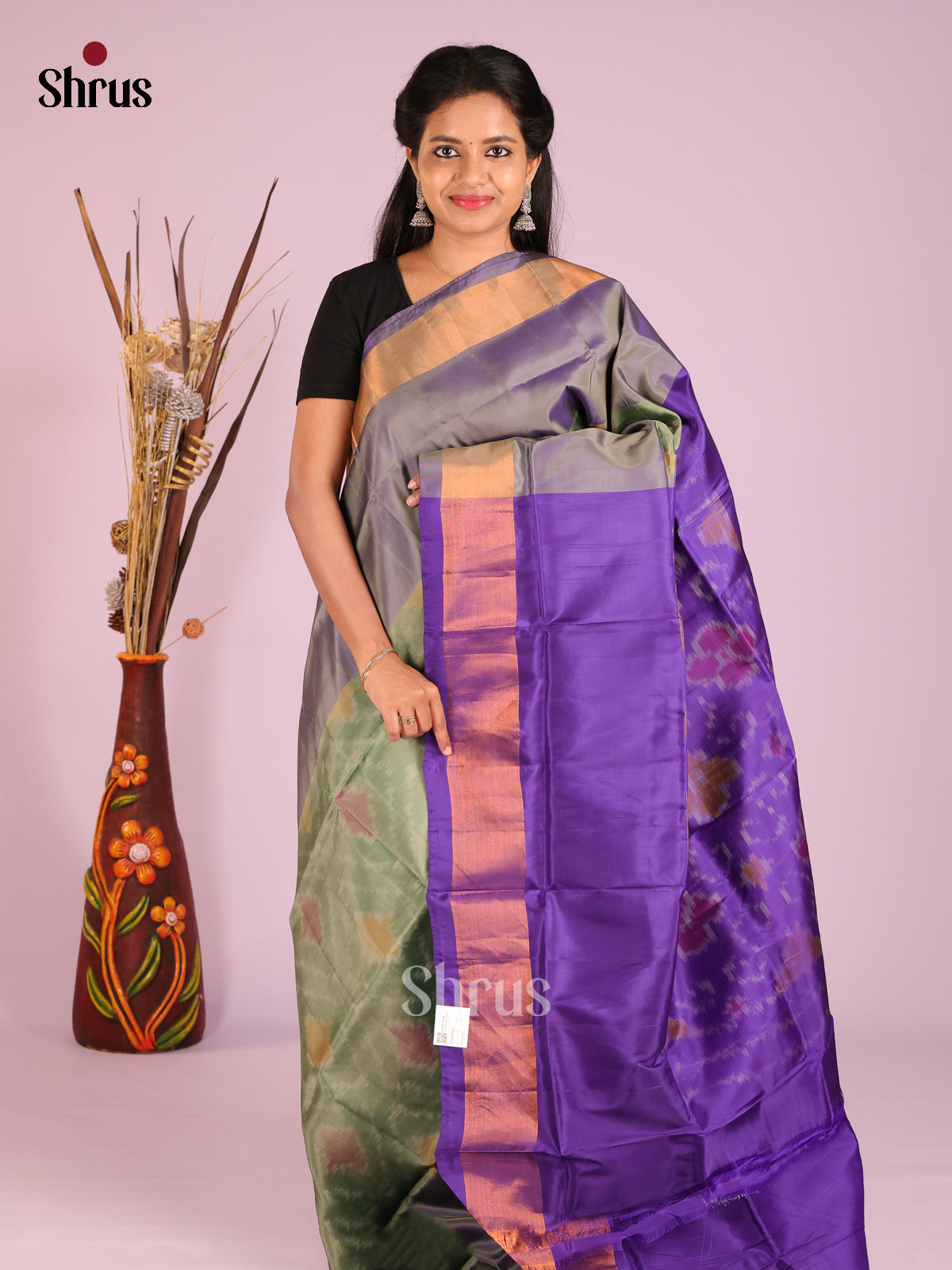 Grey Green & Violet - Semi uppada Saree