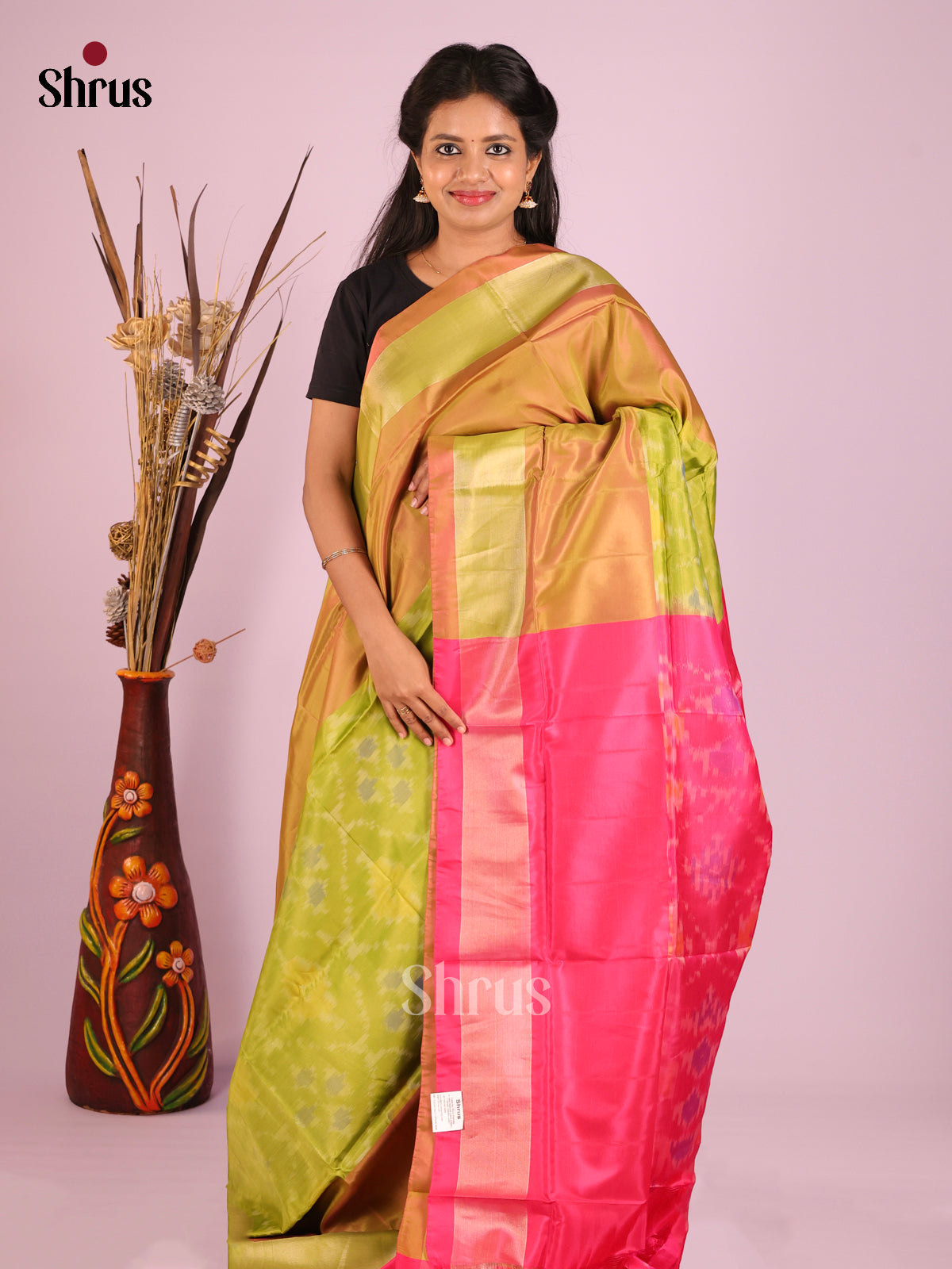 Light Green & Pink   - Semi uppada Saree - Shop on Shrus.com