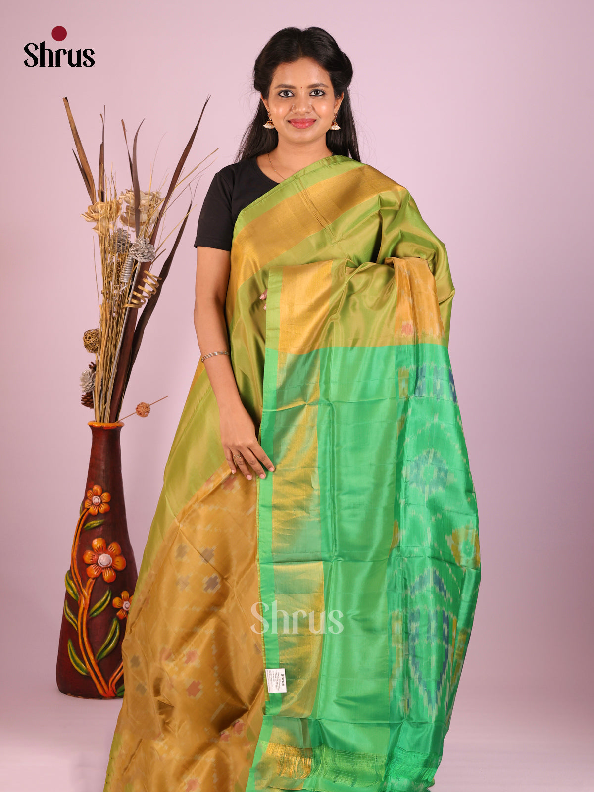 Mustardy Green & Green- Semi uppada Saree - Shop on Shrus.com