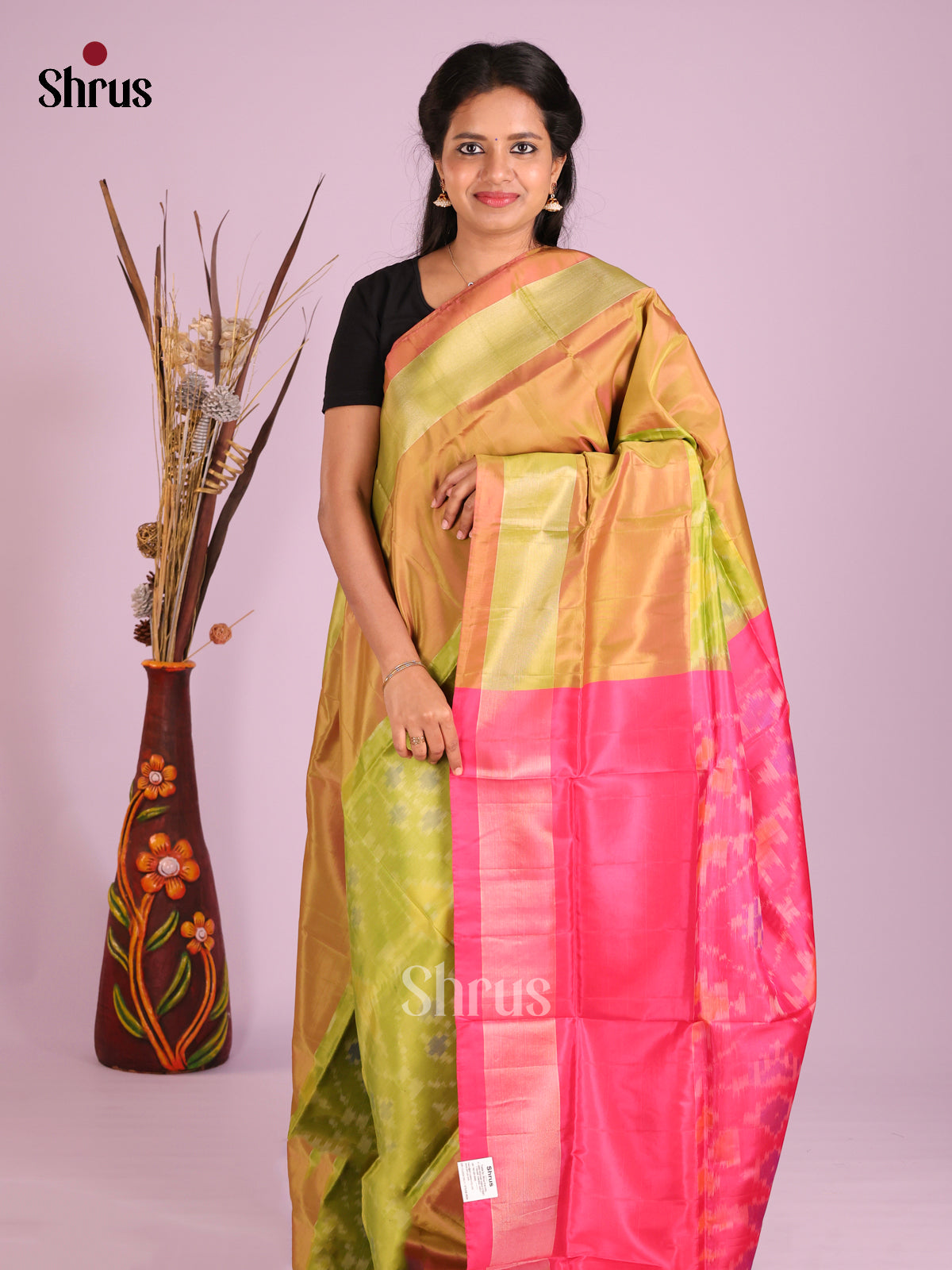 Light Green & Pink - Semi uppada Saree - Shop on Shrus.com