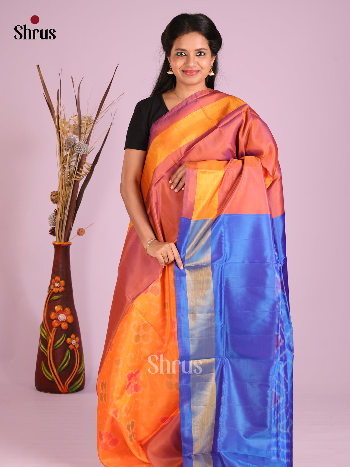 Orange & Blue - Semi uppada Saree - Shop on Shrus.com