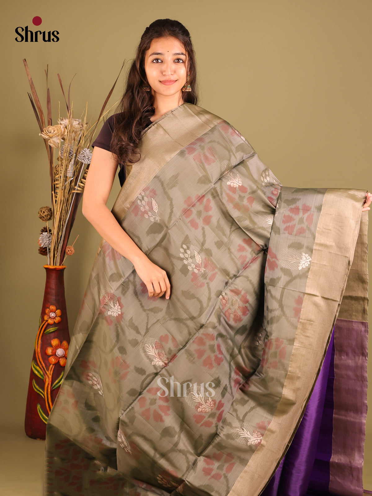 Grey & Purple - Softsilk-halfpure Saree - Shop on Shrus.com