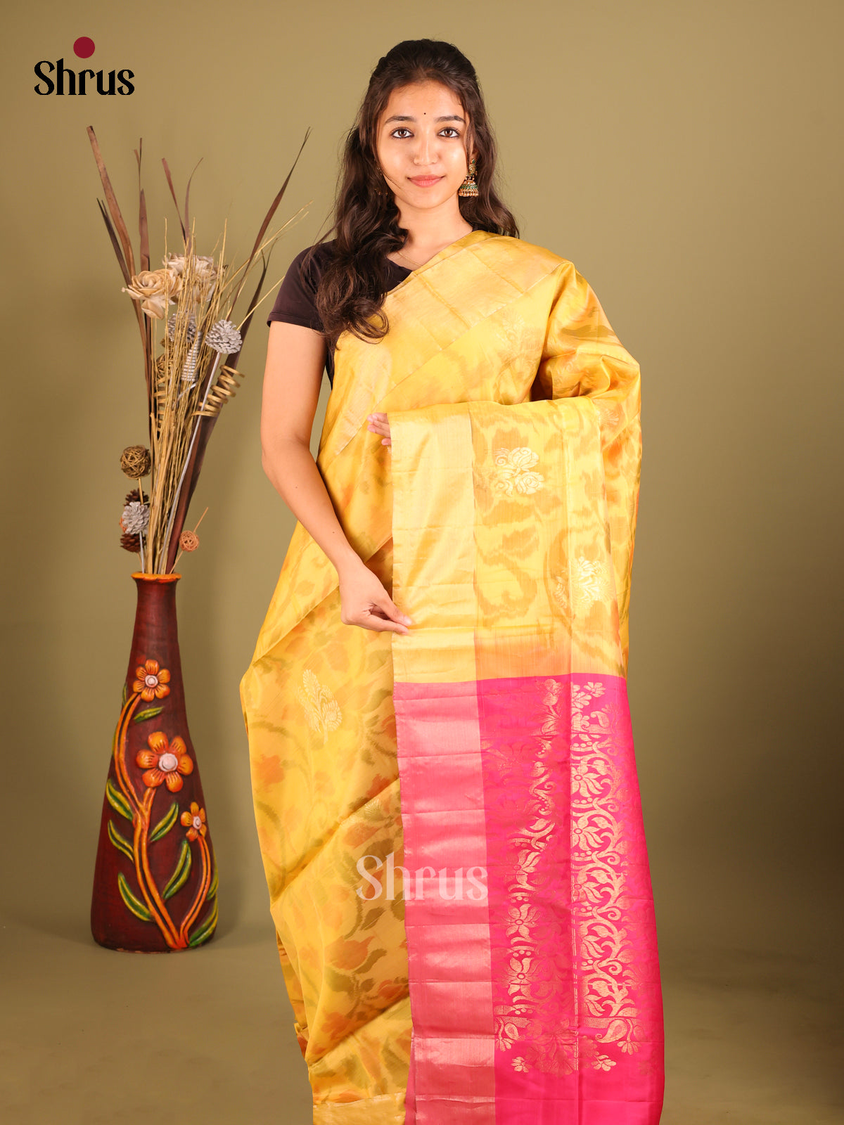 Yellow & Pink  - Softsilk-halfpure Saree - Shop on Shrus.com