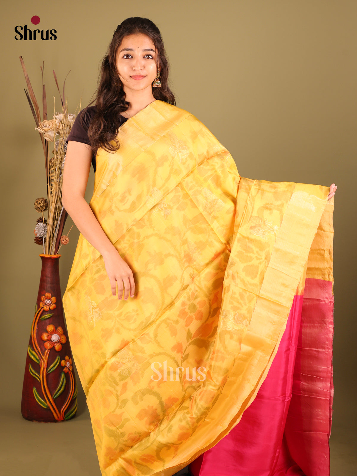 Yellow & Pink  - Softsilk-halfpure Saree - Shop on Shrus.com