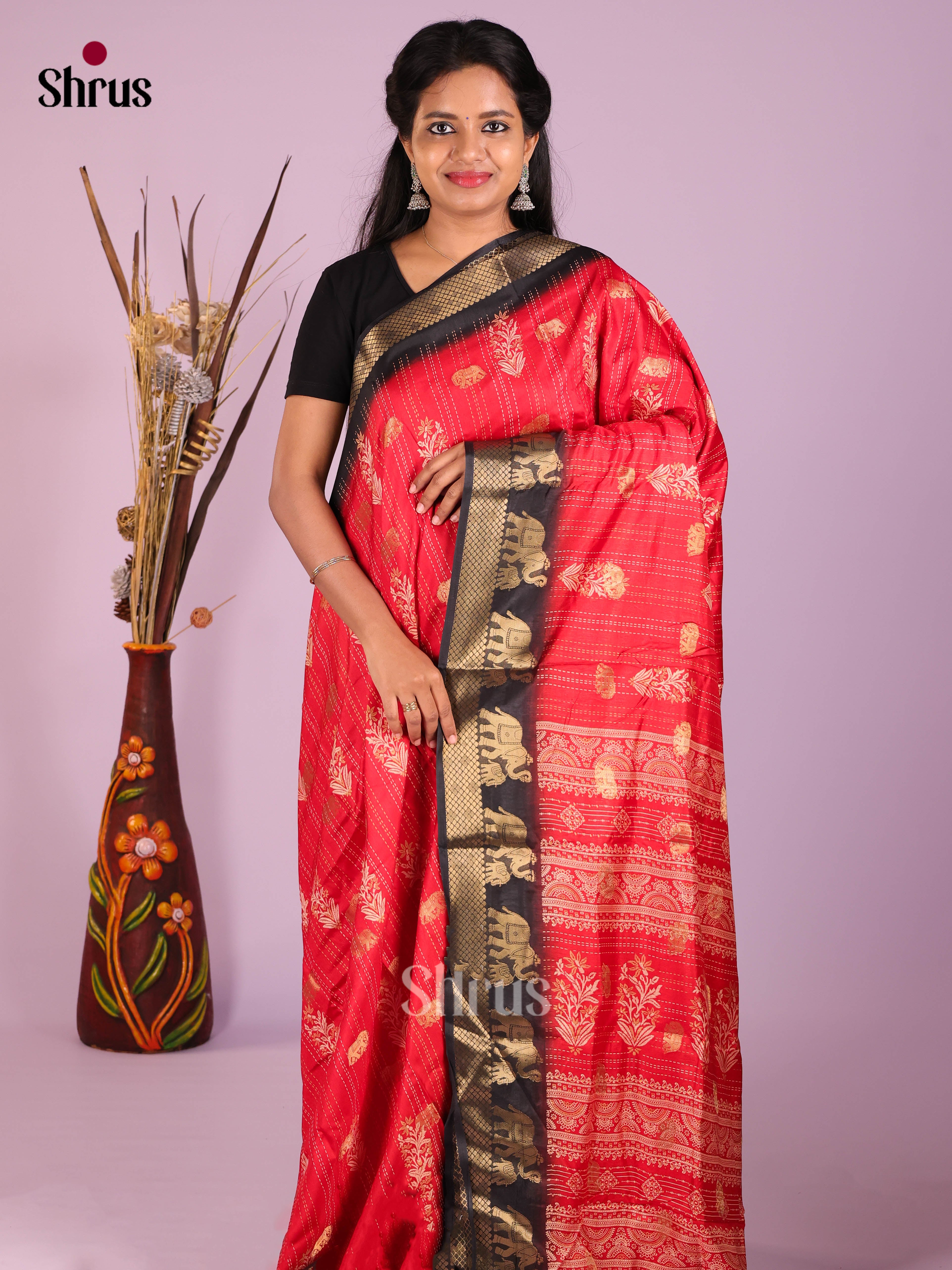 Red & Black - Semi Crepe Saree - Shop on Shrus.com
