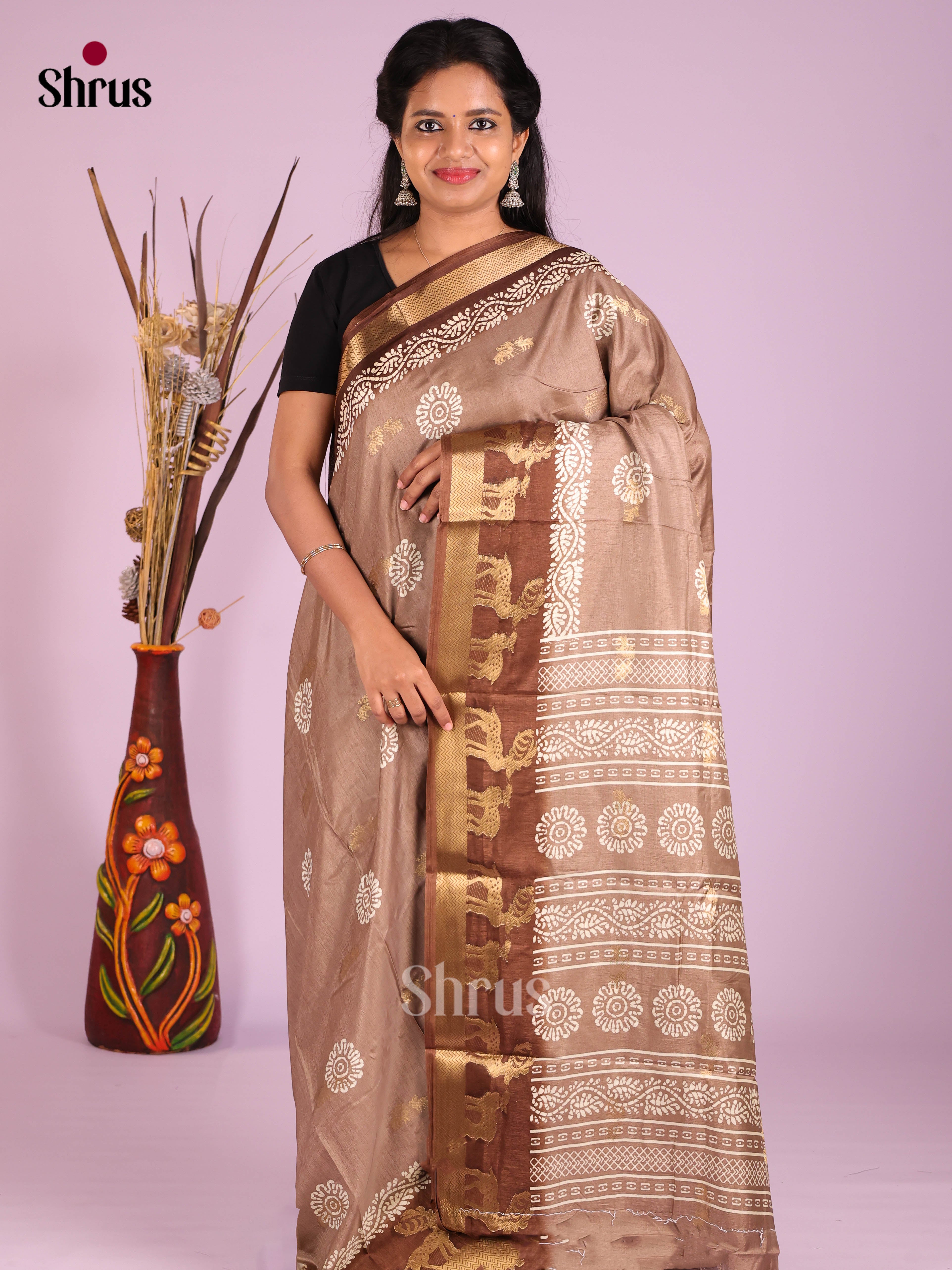 Grey & Brown - Semi Crepe Saree - Shop on Shrus.com