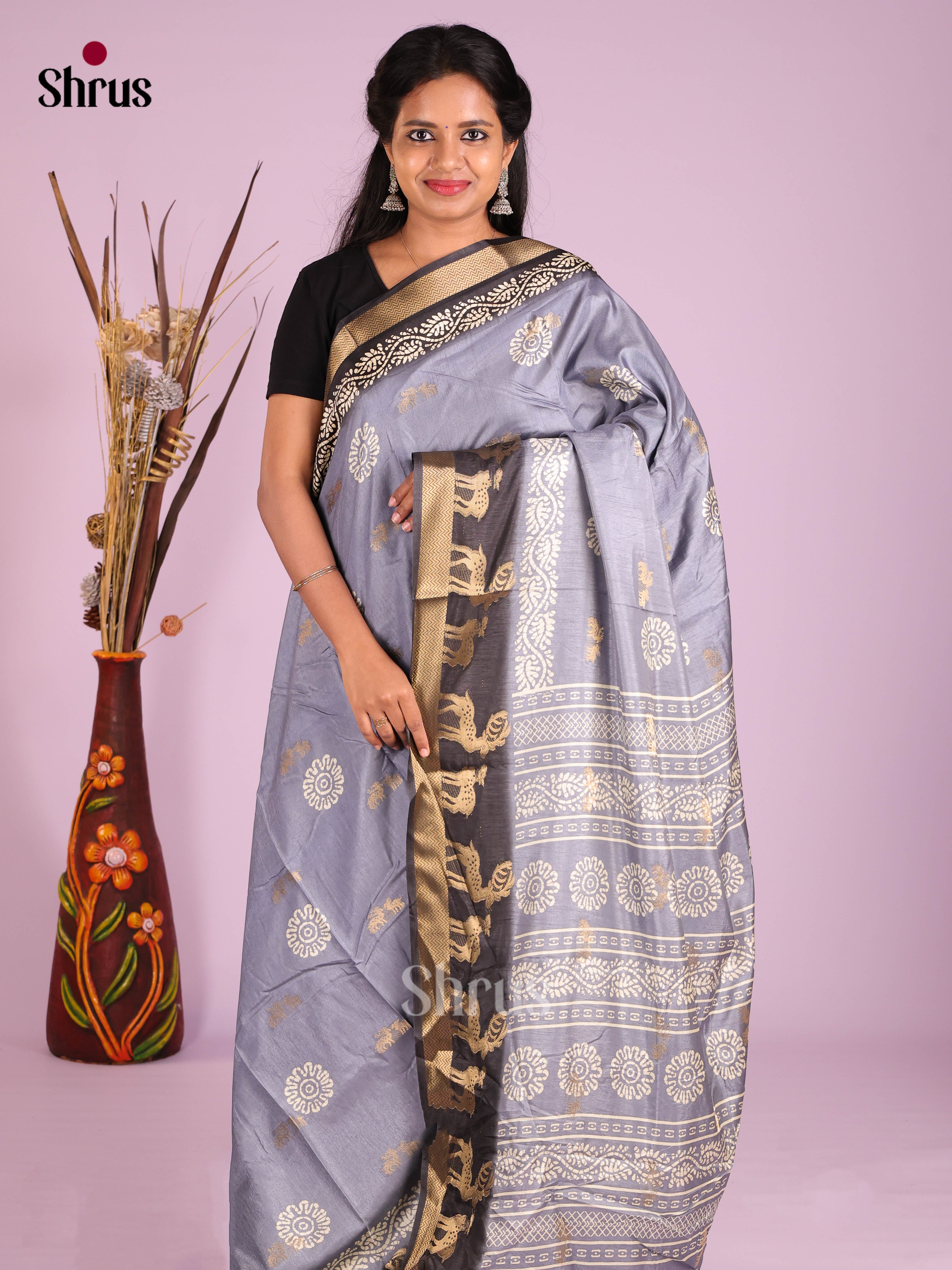 Light Blue & Black- Semi Crepe Saree - Shop on Shrus.com