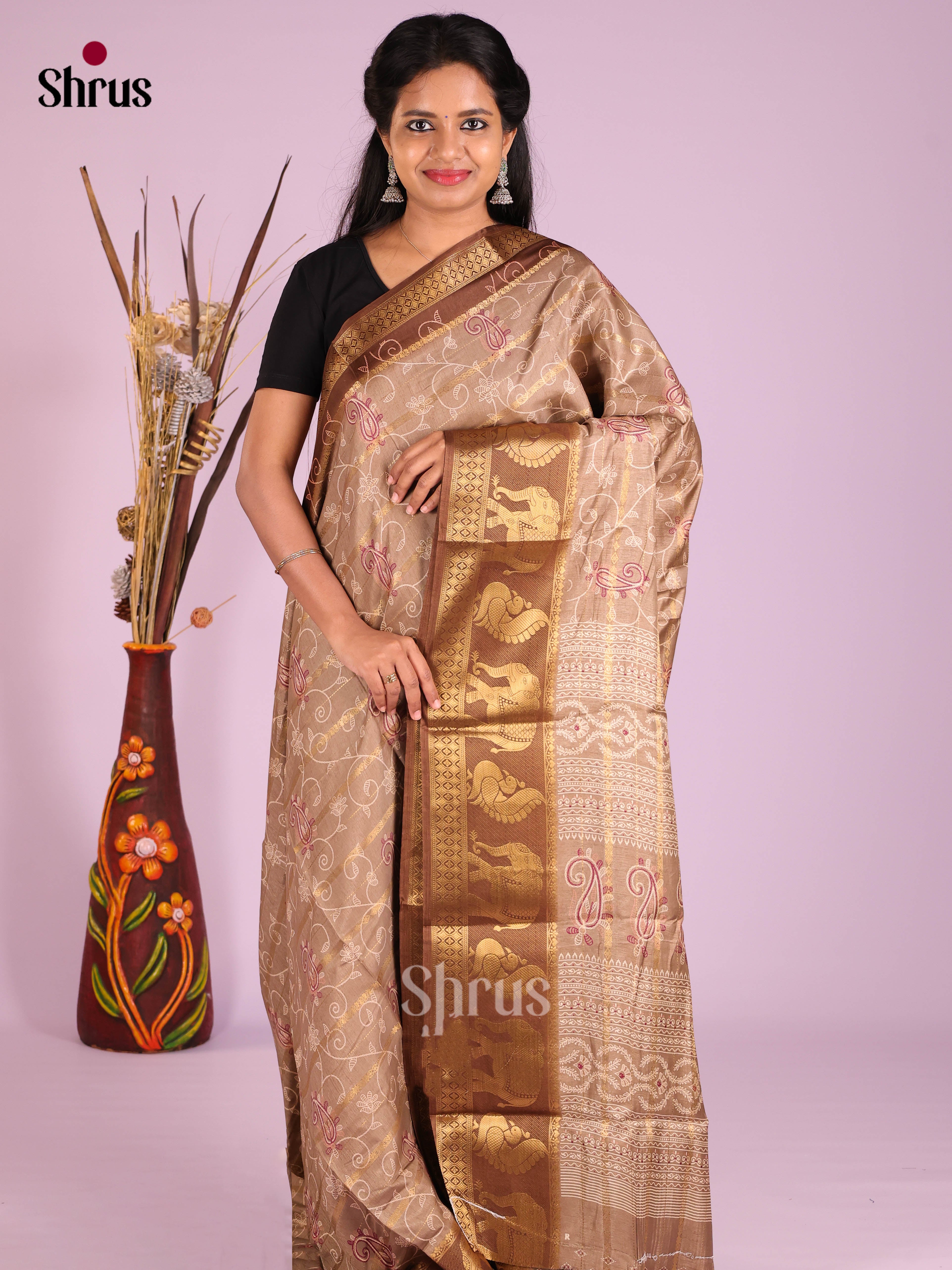 Light Brown & Brown - Semi Crepe Saree - Shop on Shrus.com