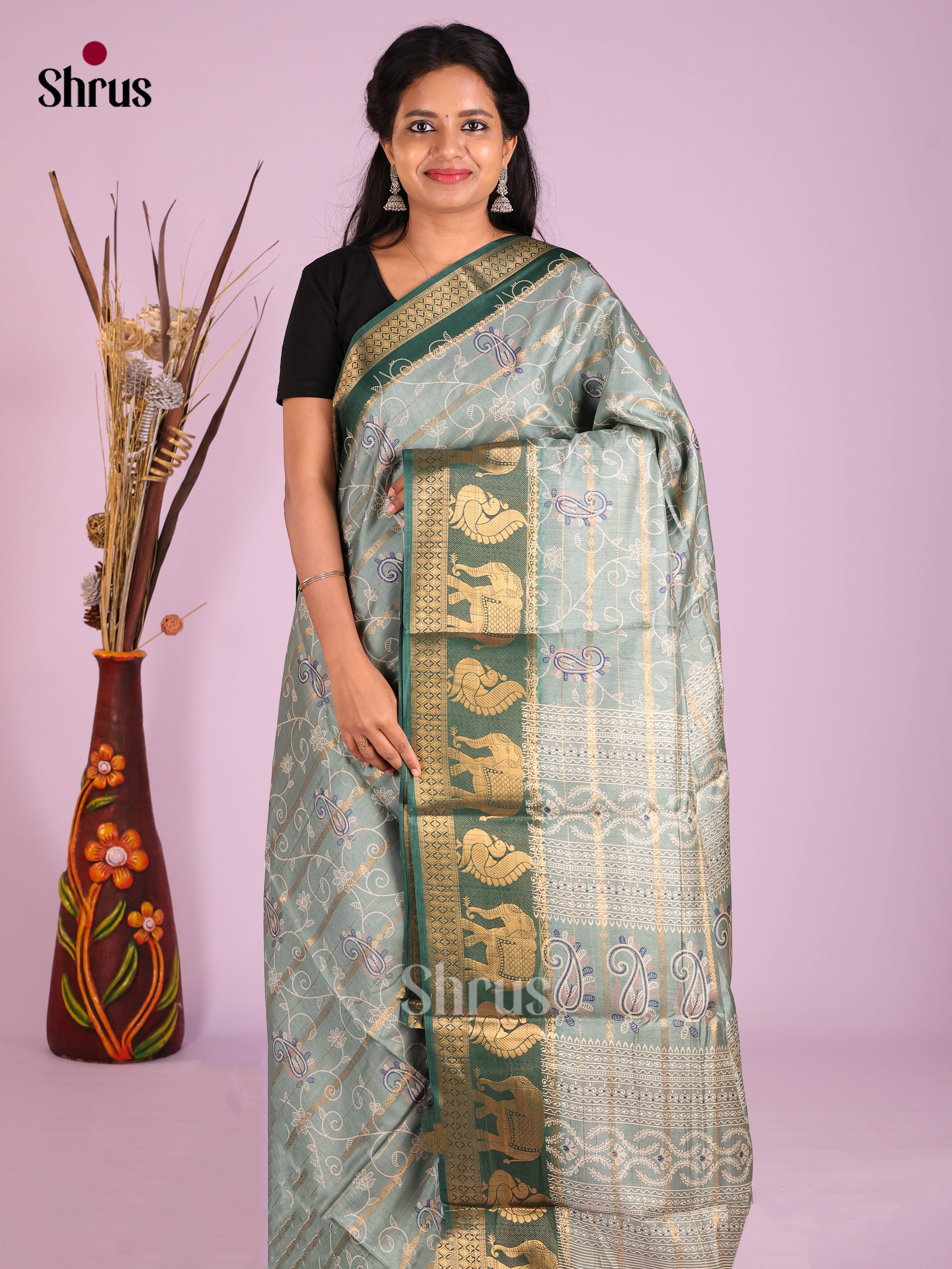 Grey & Green- Semi Crepe Saree - Shop on Shrus.com
