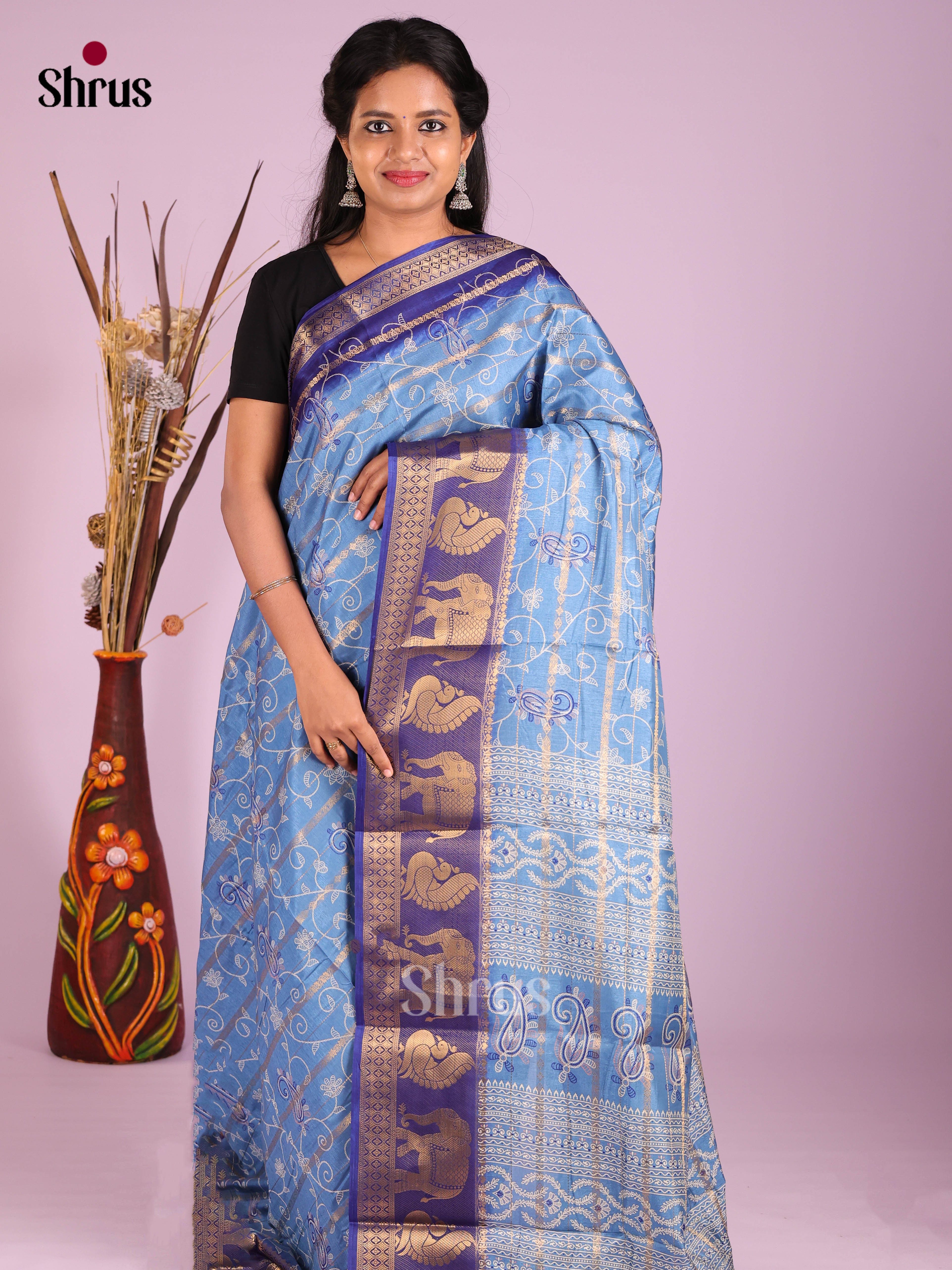 Light Blue & Blue- Semi Crepe Saree - Shop on Shrus.com