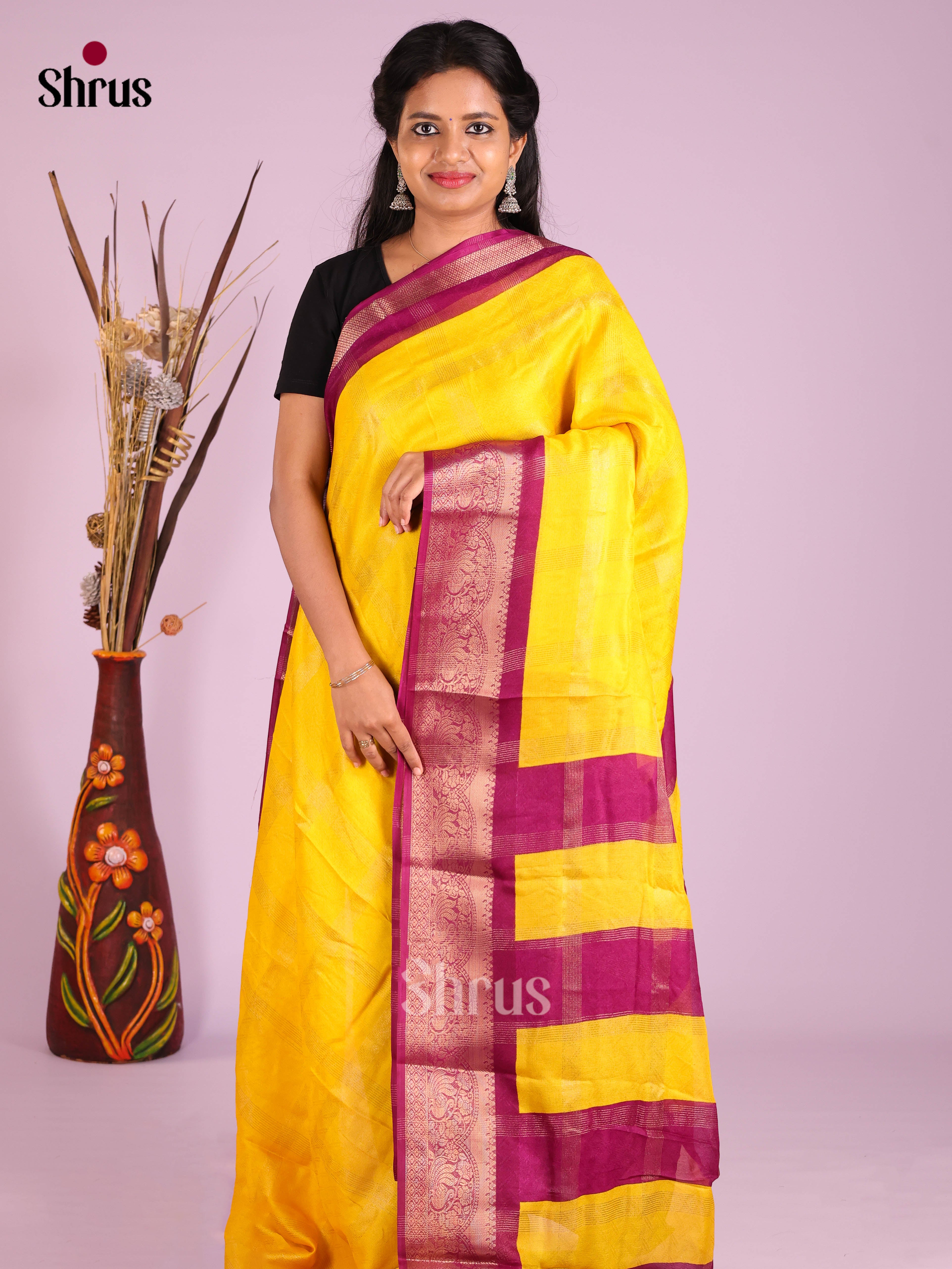 Yellow & Purple - Semi Crepe Saree - Shop on Shrus.com