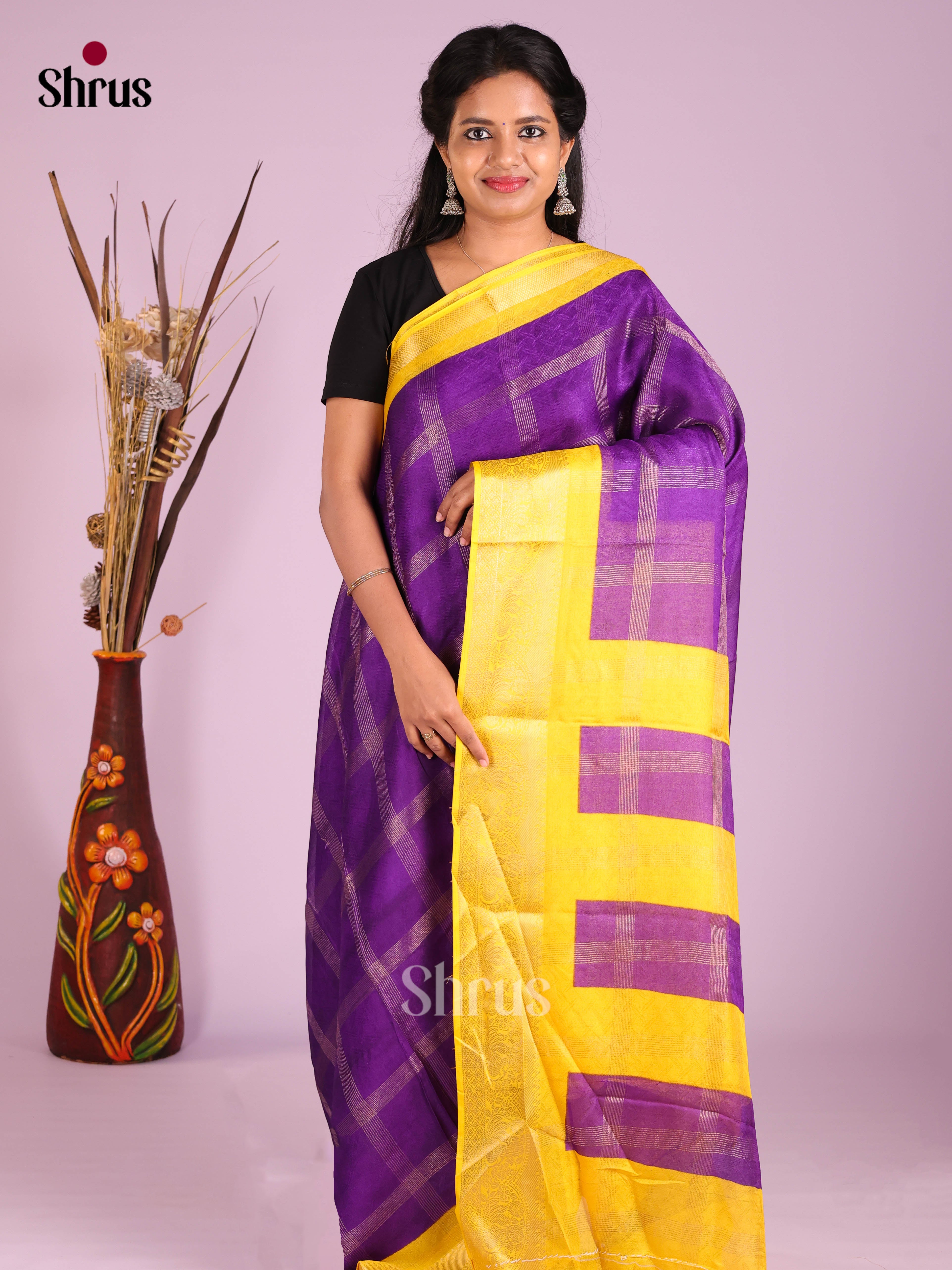 Violet  & Yellow - Semi Crepe Saree - Shop on Shrus.com