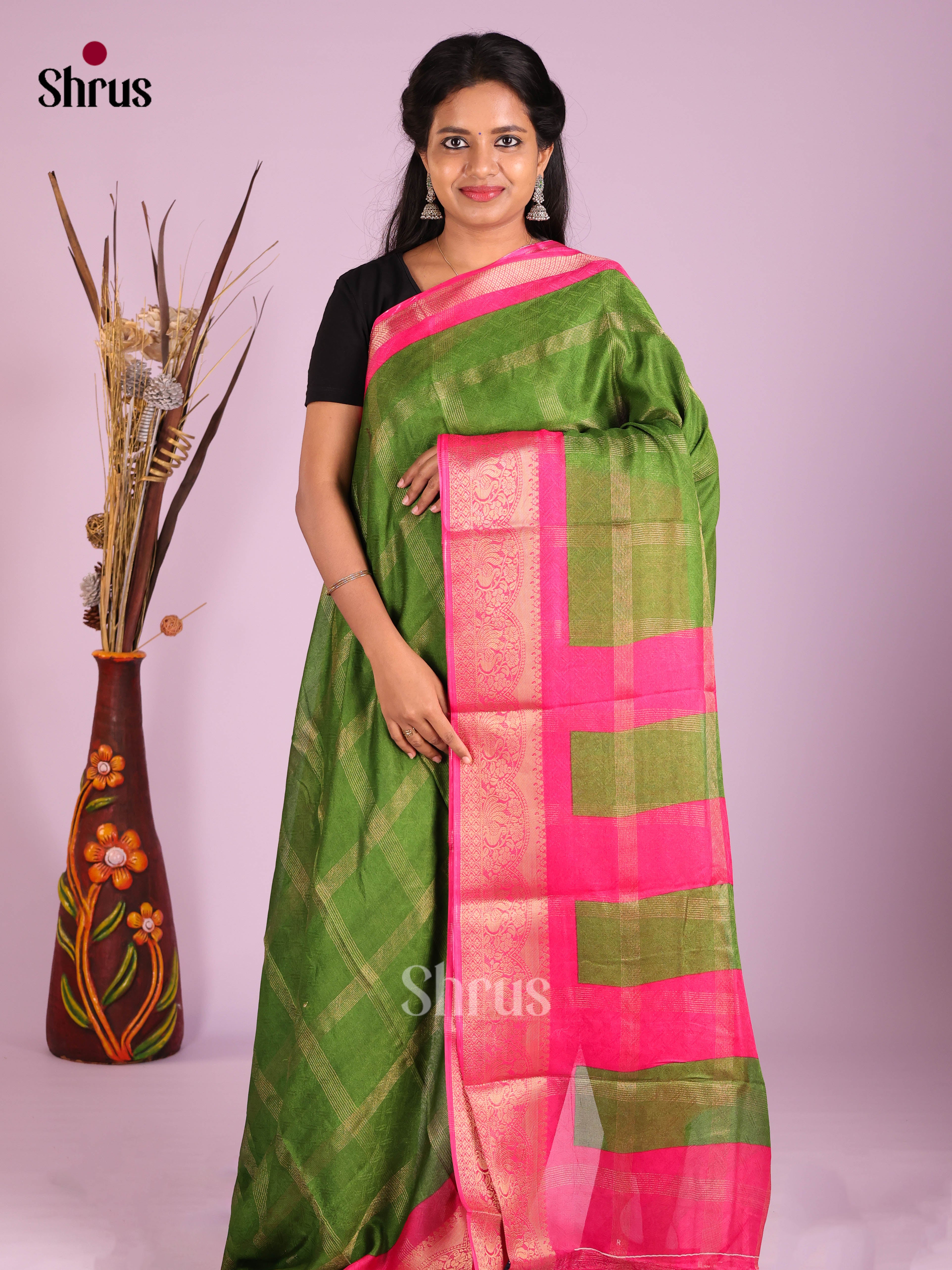 Green & Pink - Semi Crepe Saree - Shop on Shrus.com
