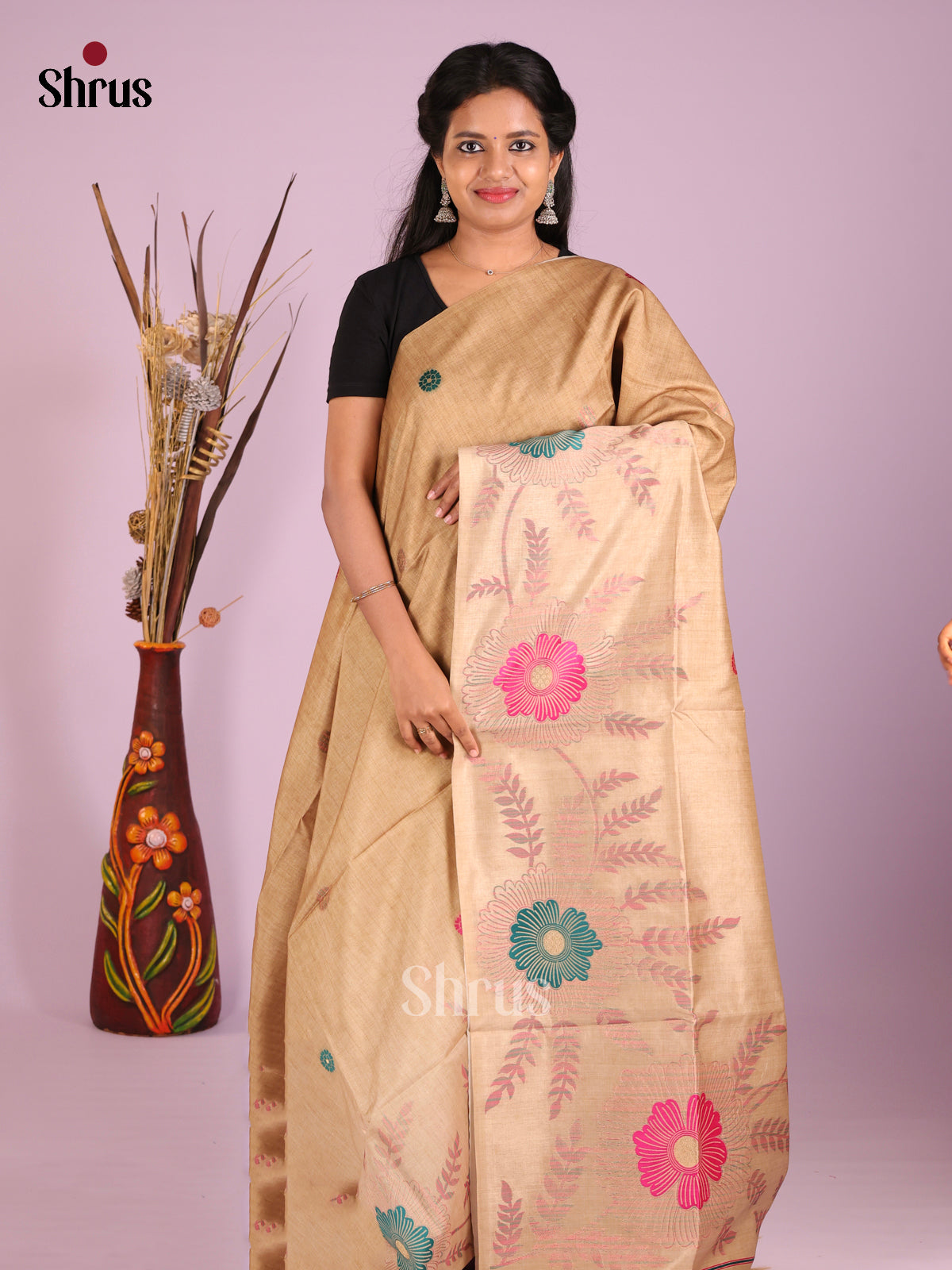 Beige - Semi Tussar Saree