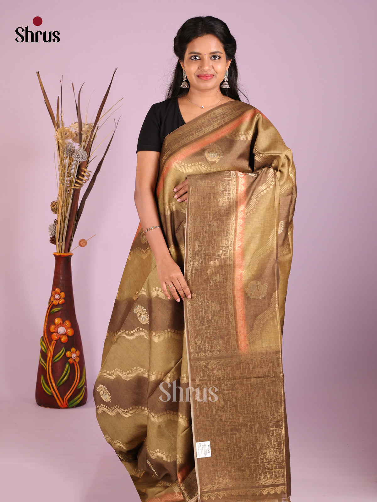 Beige & brown - Semi Tussar Saree