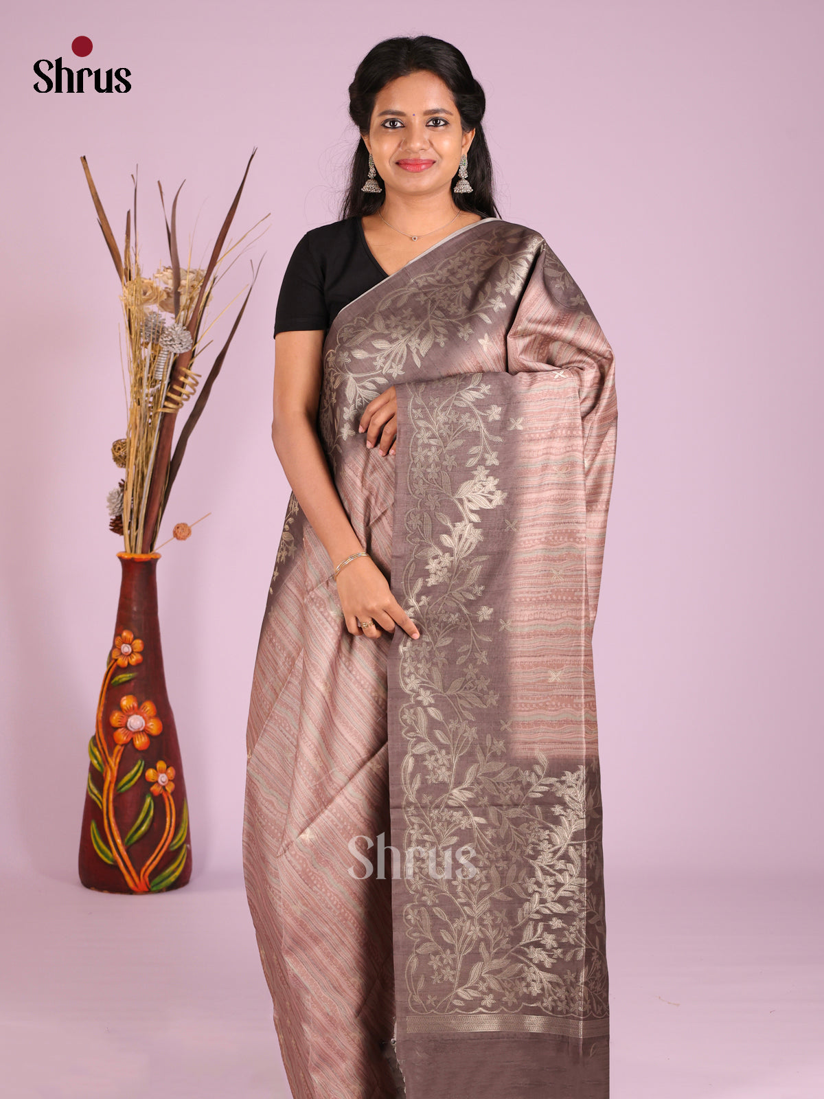 Dusty Brown & Grey - Semi Tussar Saree
