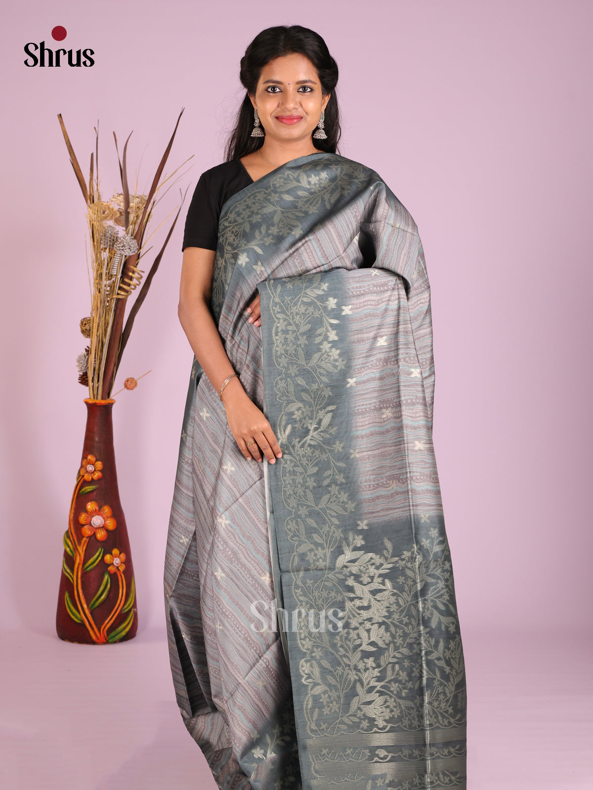 Grey - Semi Tussar Saree