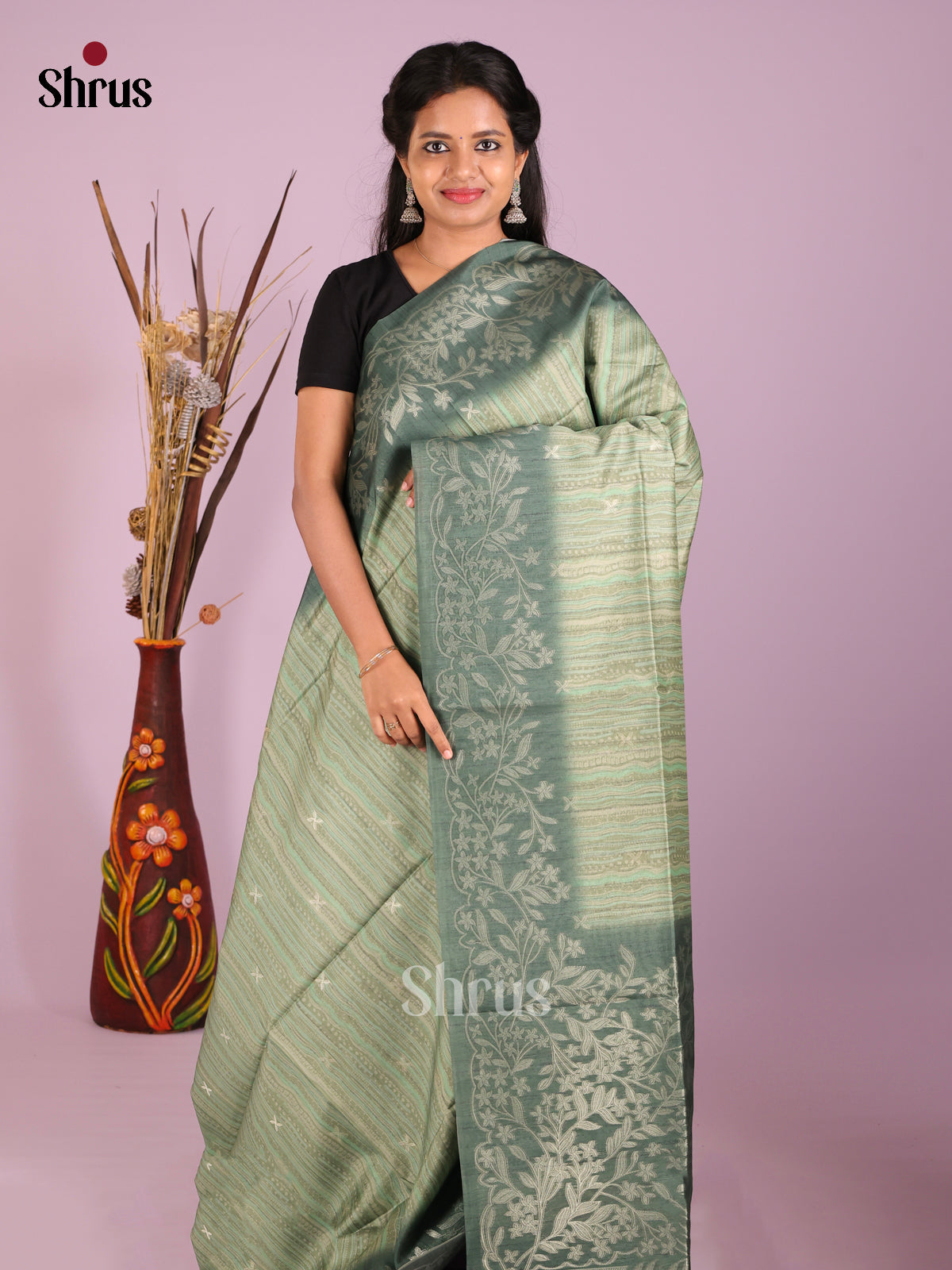 Pastel Green & Green - Semi Tussar Saree