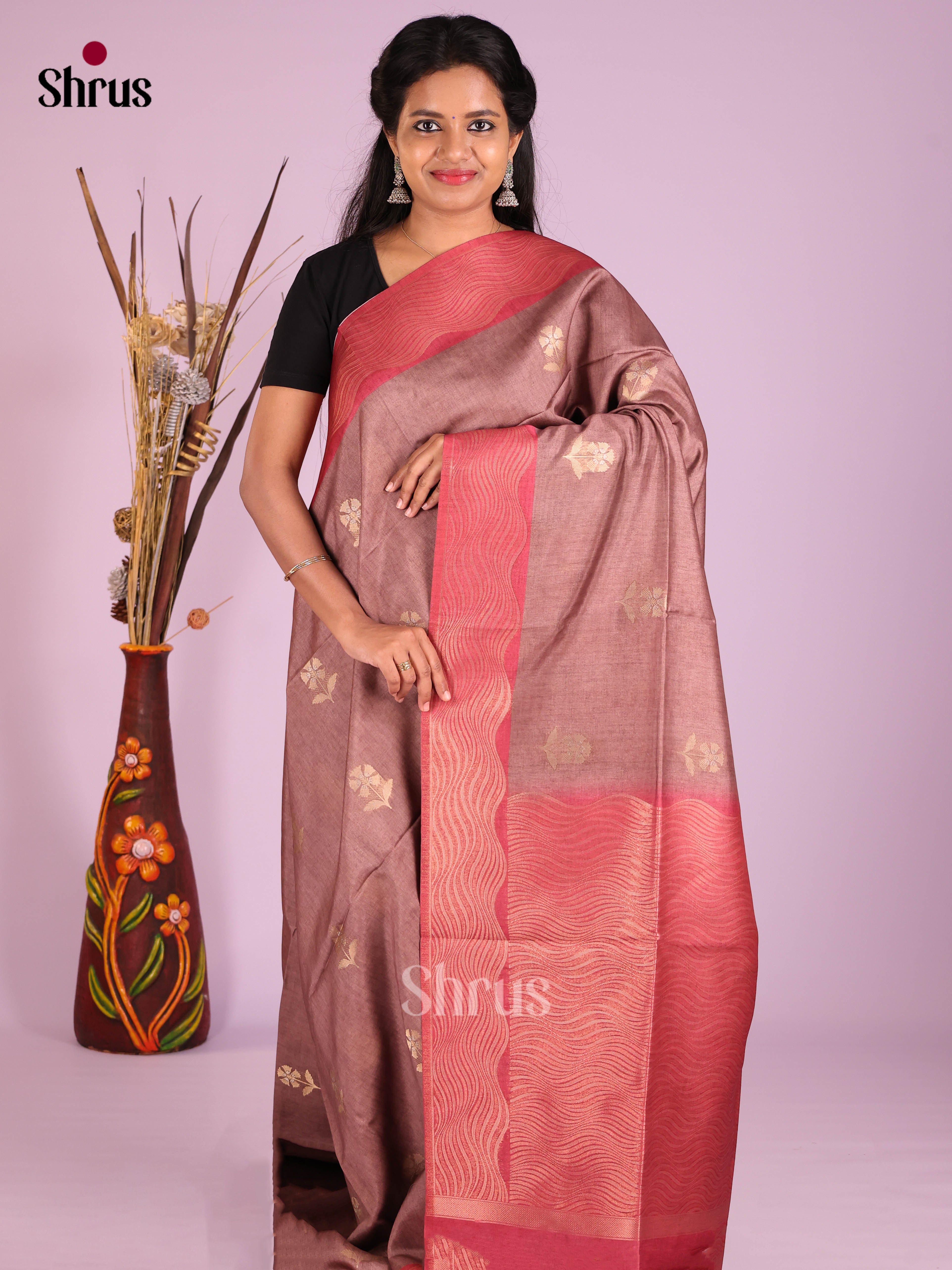 Brown & Maroon - Semi Tussar Saree