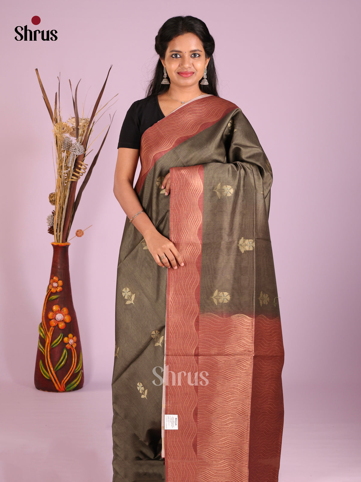 Elephant Black  & Brown- Semi Tussar Saree