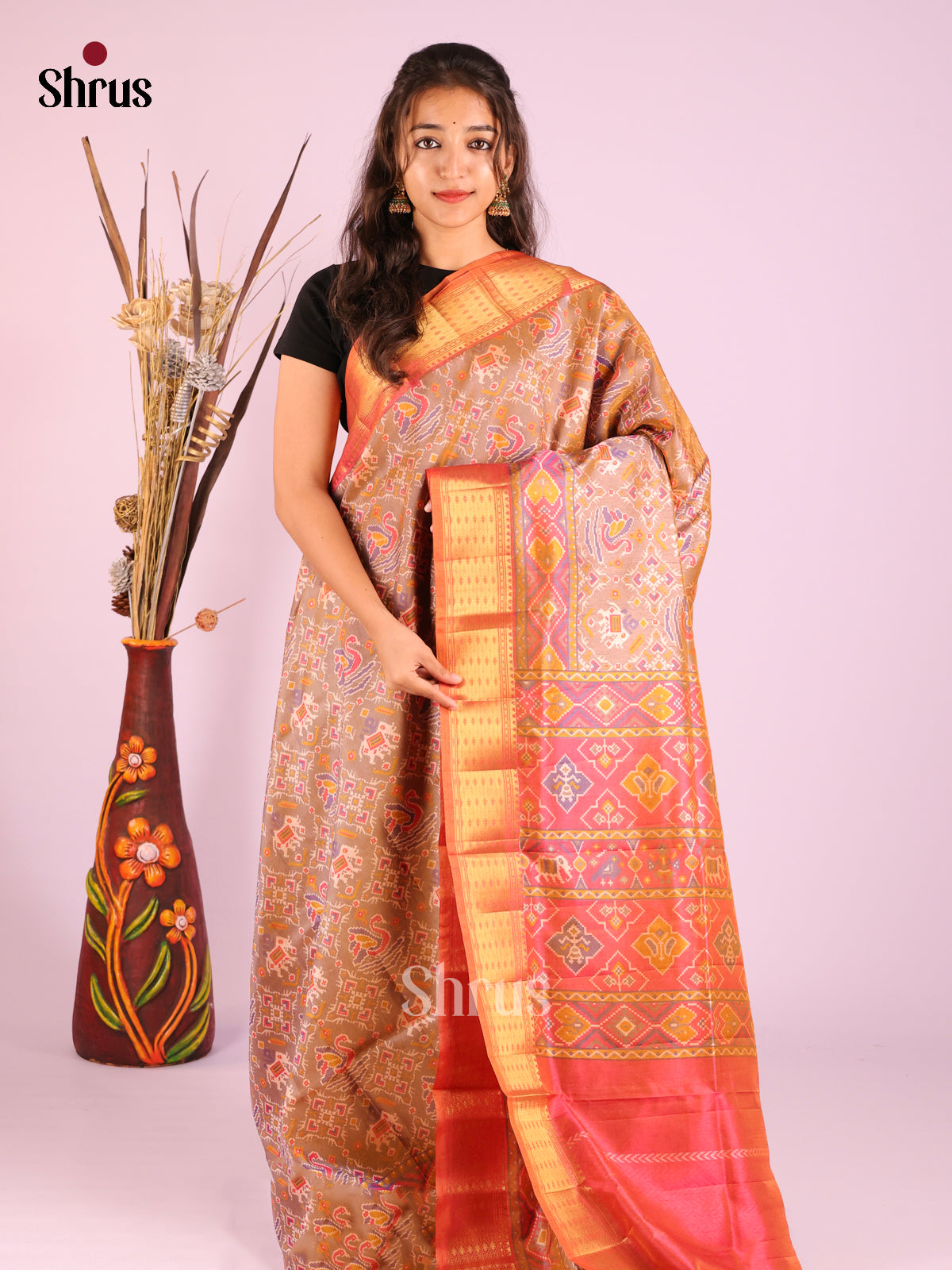 Light brown & Orange- Semi Patola Saree
