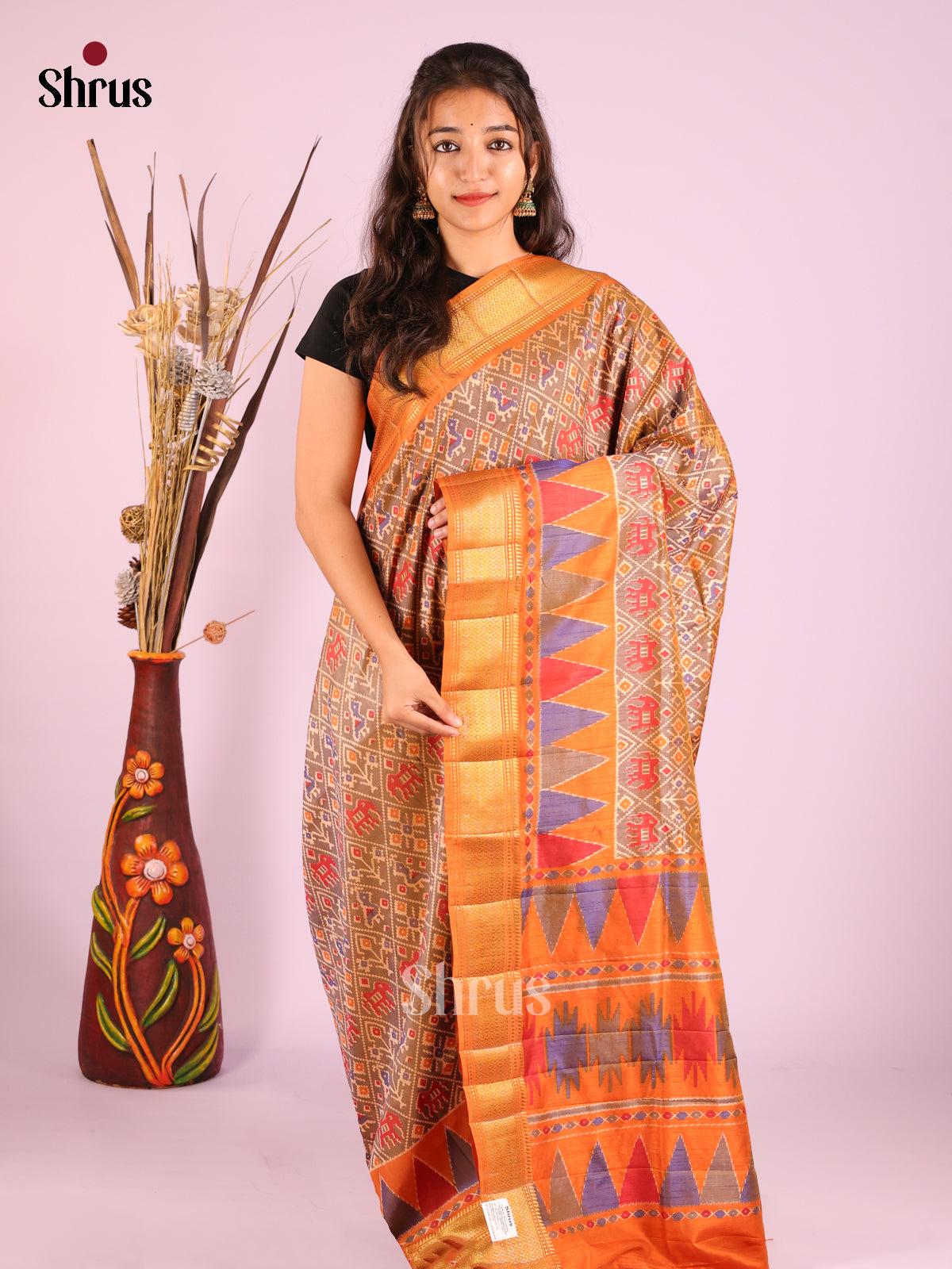 Grey & Orange - Semi Patola Saree