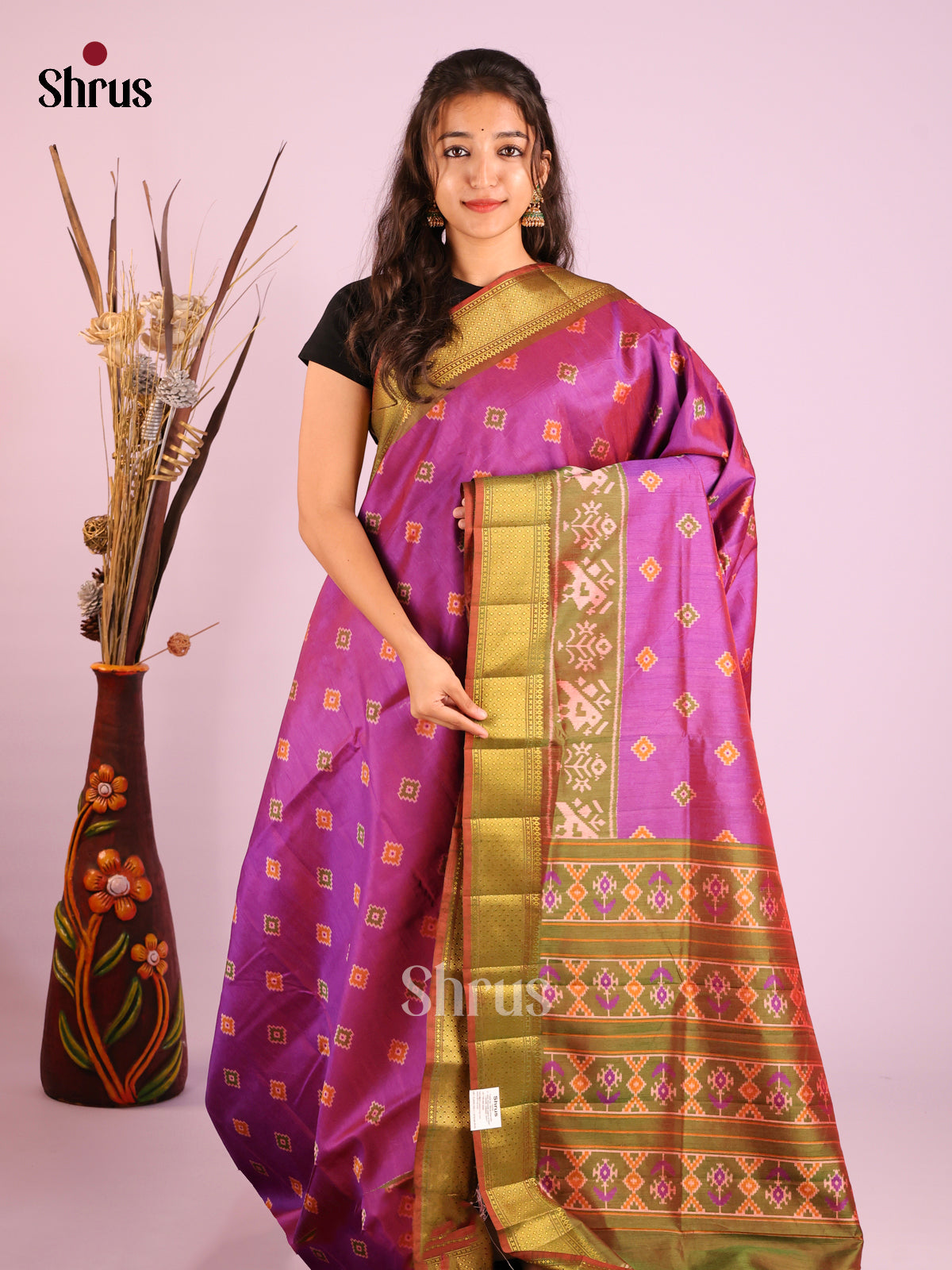 Purple & Green - Semi Patola Saree