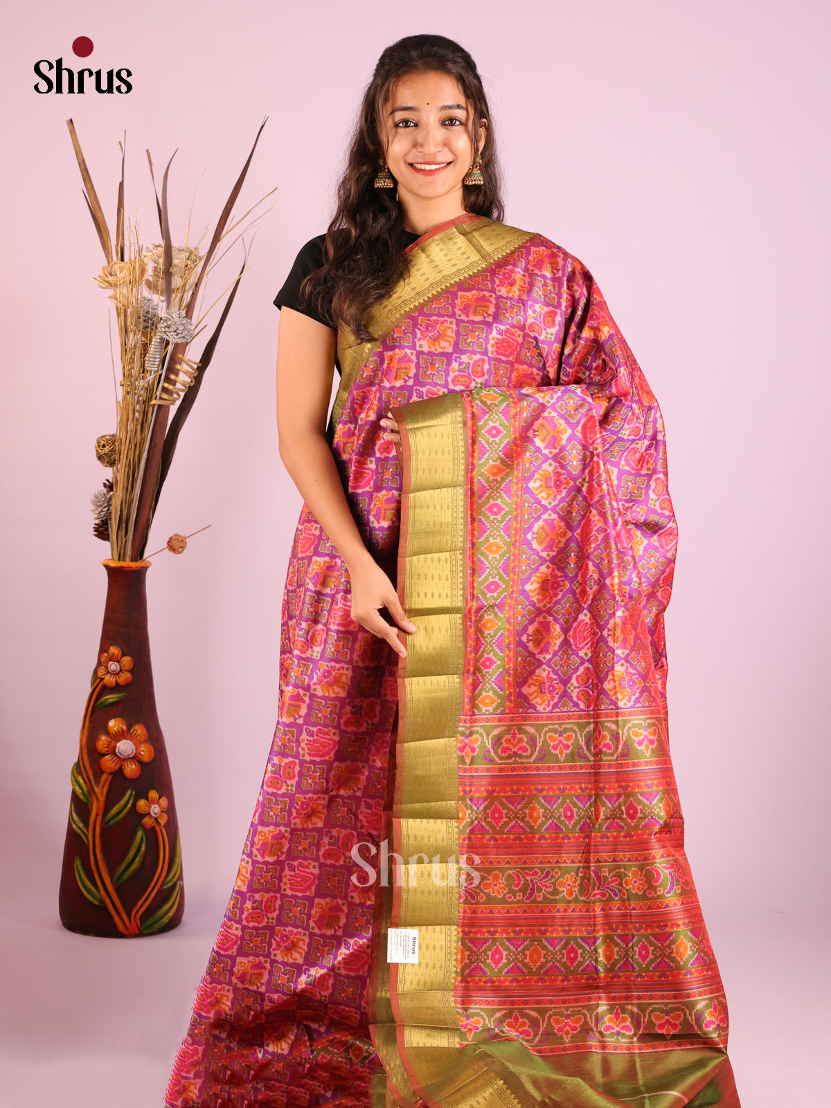 Purple  & Green- Semi Patola Saree