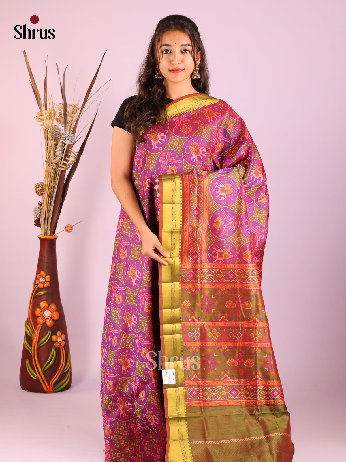 Purple & Green- Semi Patola Saree