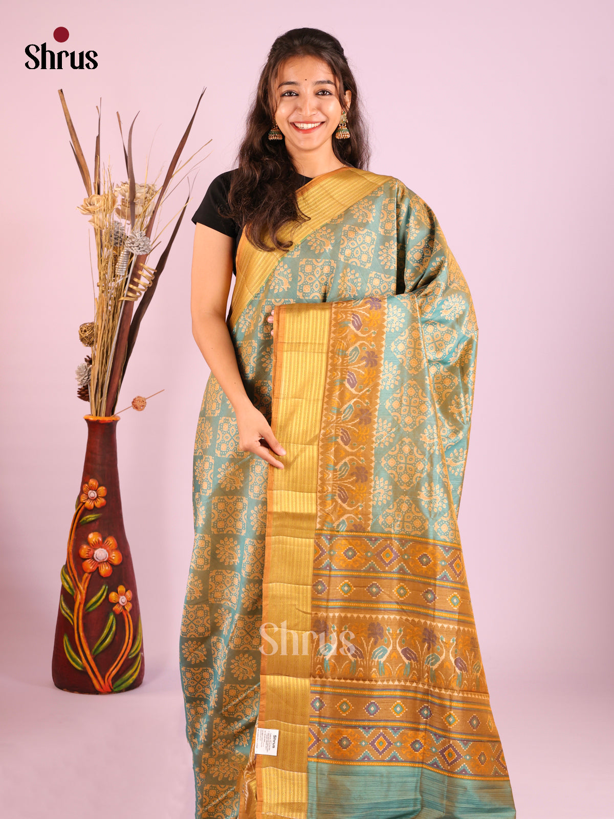 Teal & Mustard - Semi Patola Saree