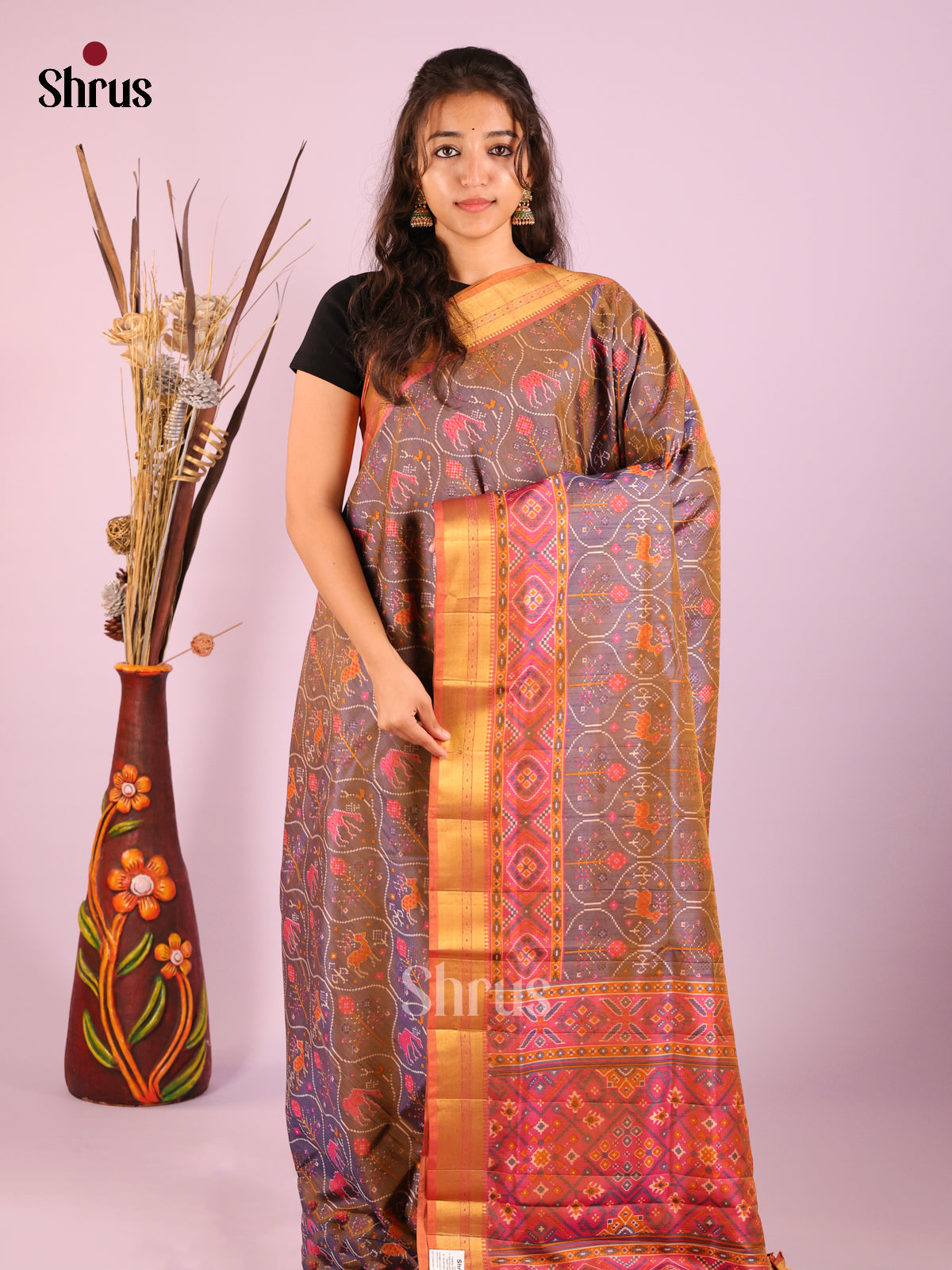 Purple & Orangish Pink - Semi Patola Saree