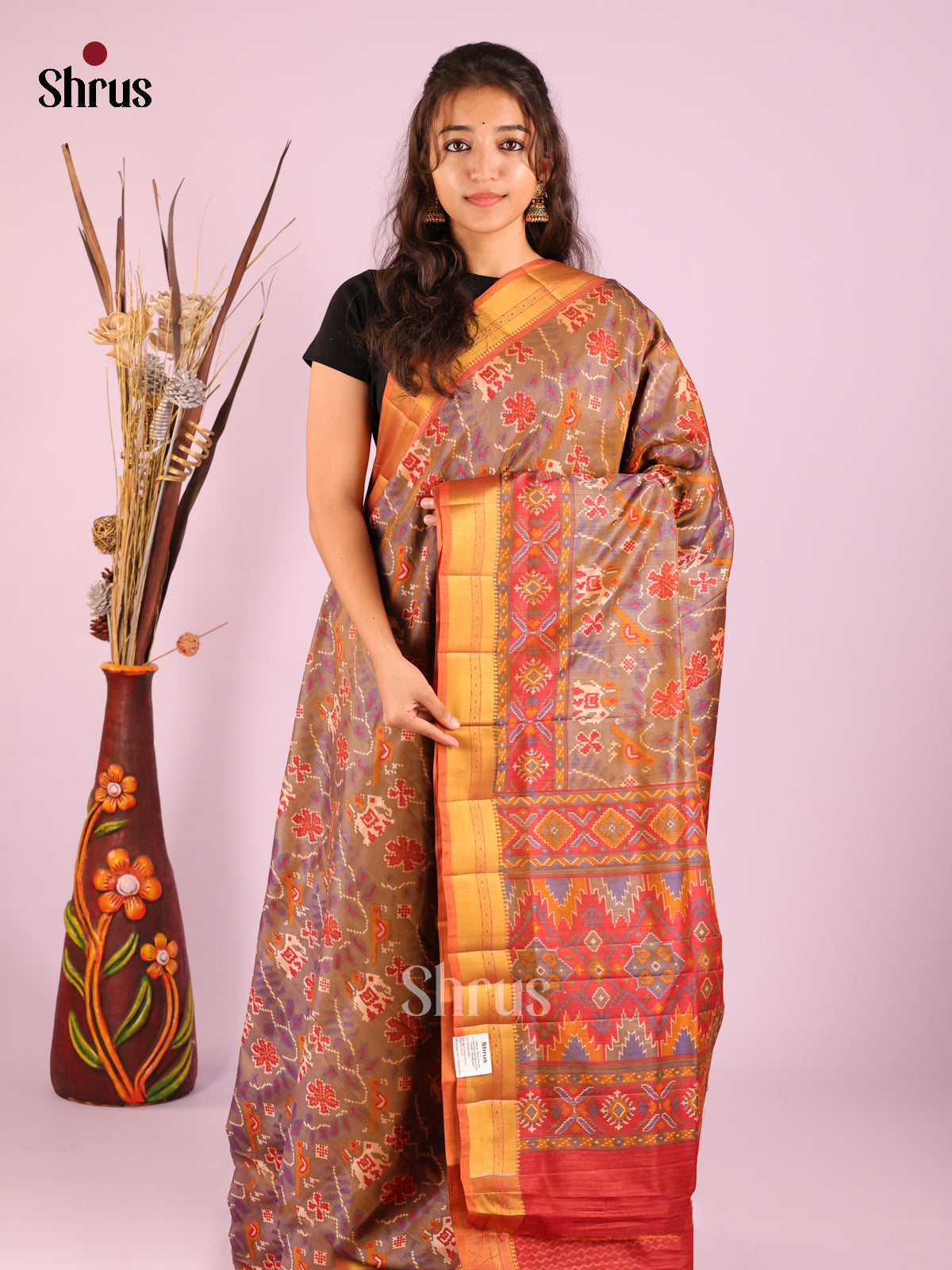 Grey & Brick - Semi Patola Saree
