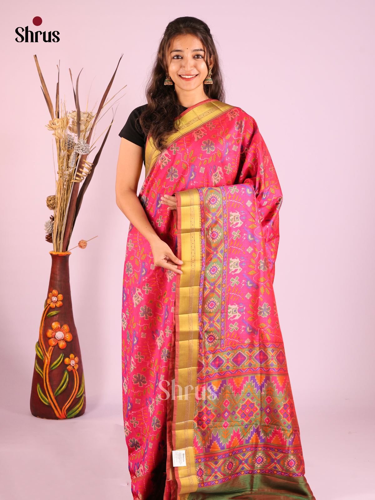 Pink  & Green - Semi Patola Saree