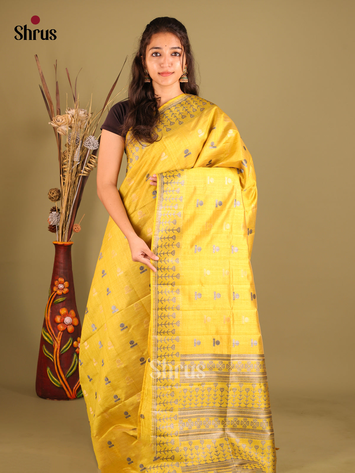 Yellow - Semi Rawsilk Saree