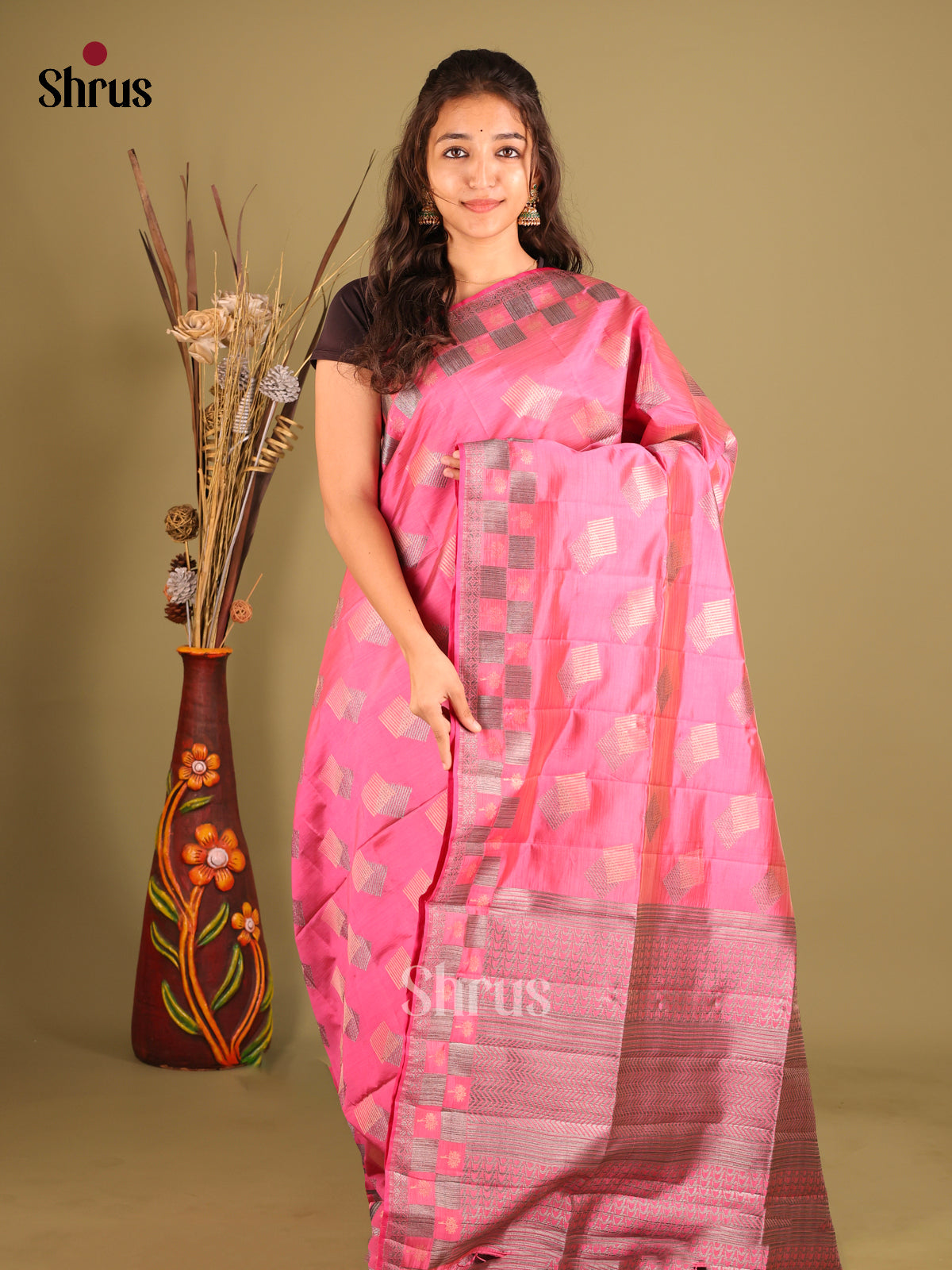 Pink - Semi Rawsilk Saree