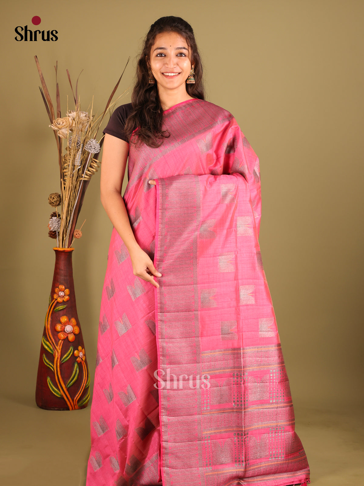 Pink - Semi Rawsilk Saree