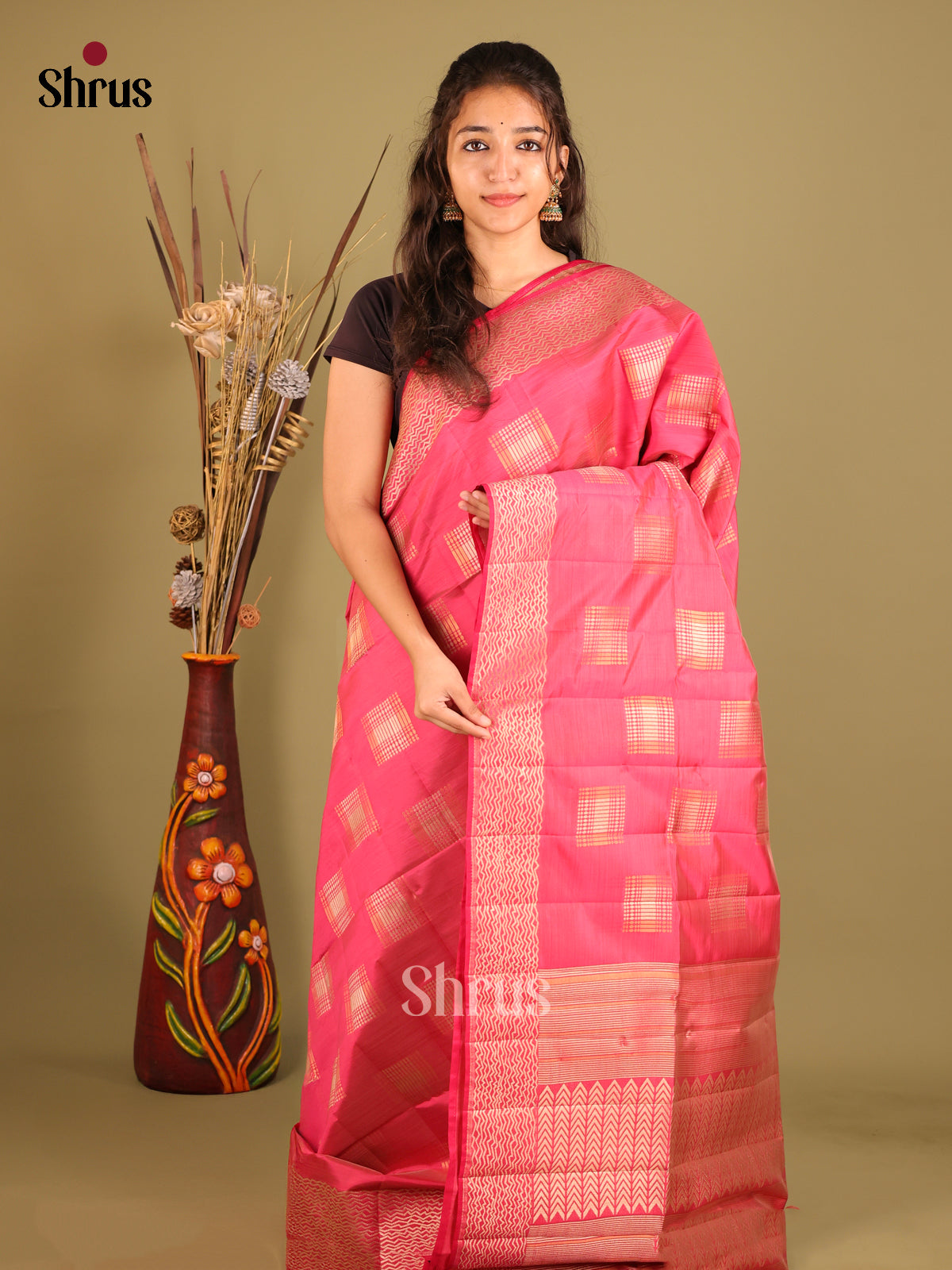 Pink - Semi Rawsilk Saree