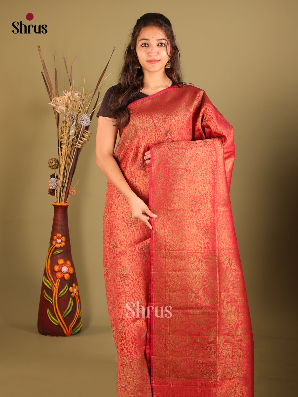 Red - Bamboo silk Saree