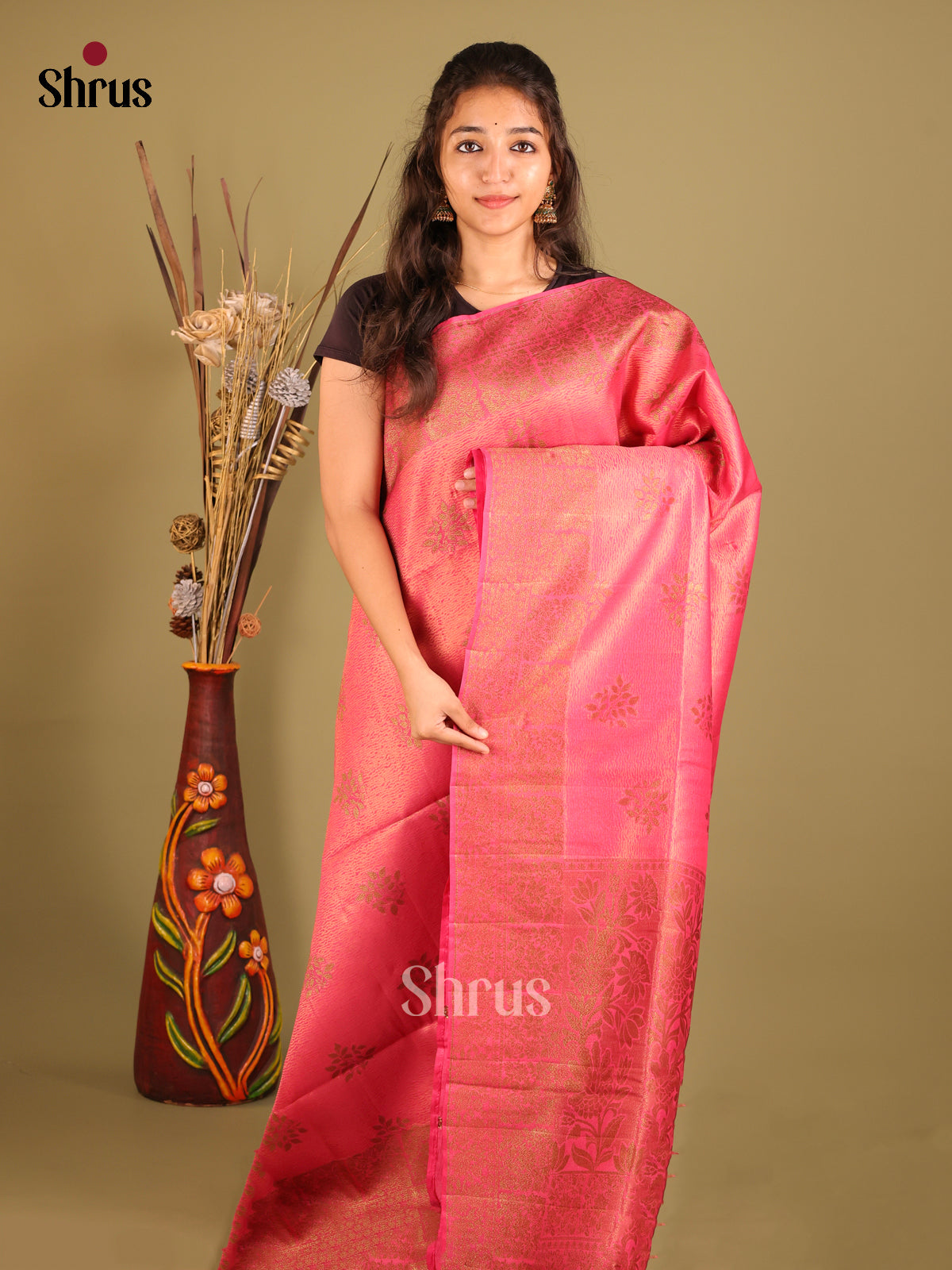 Pink - Bamboo silk Saree
