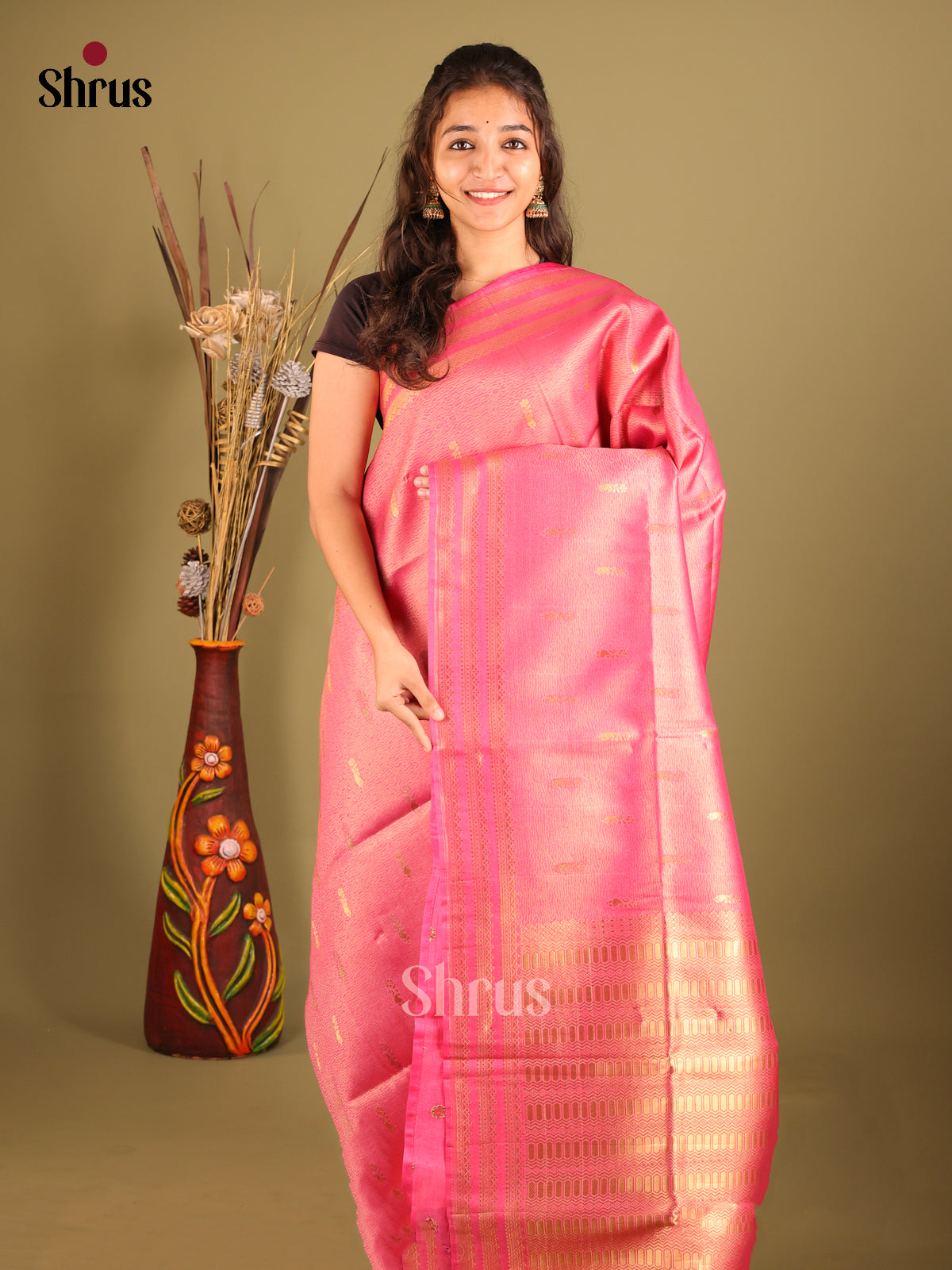 Pink - Bamboo silk Saree
