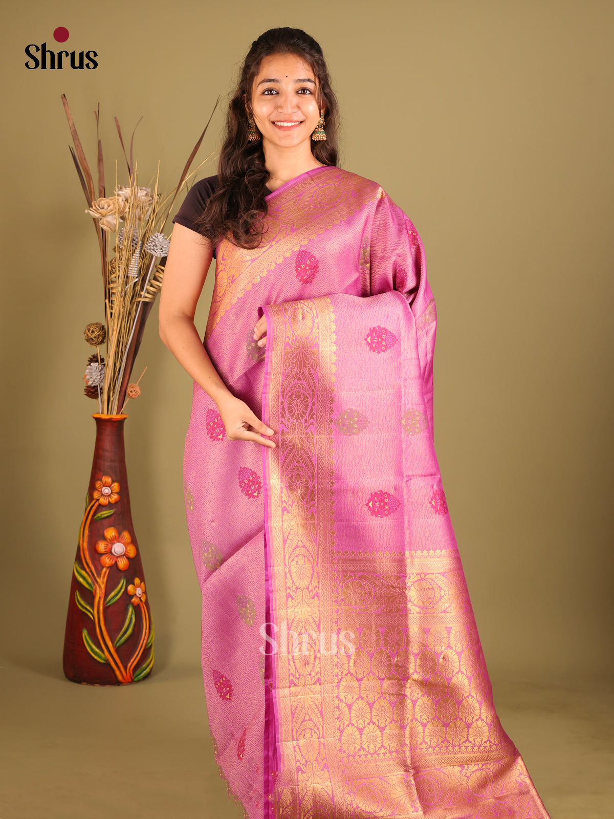Pink - Bamboo silk Saree