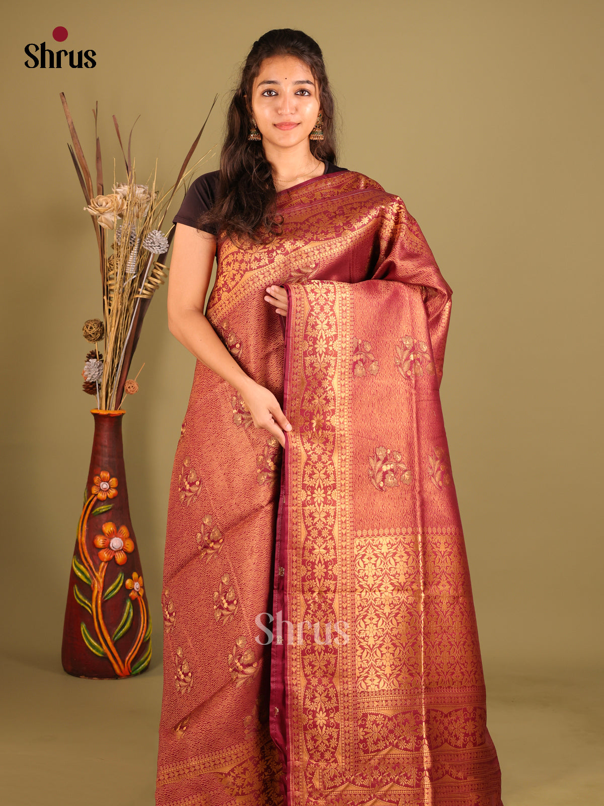 Maroon - Bamboo silk Saree