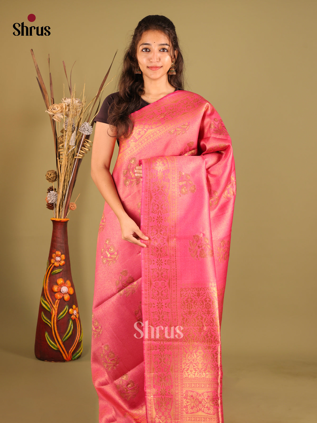 Pink - Bamboo silk Saree
