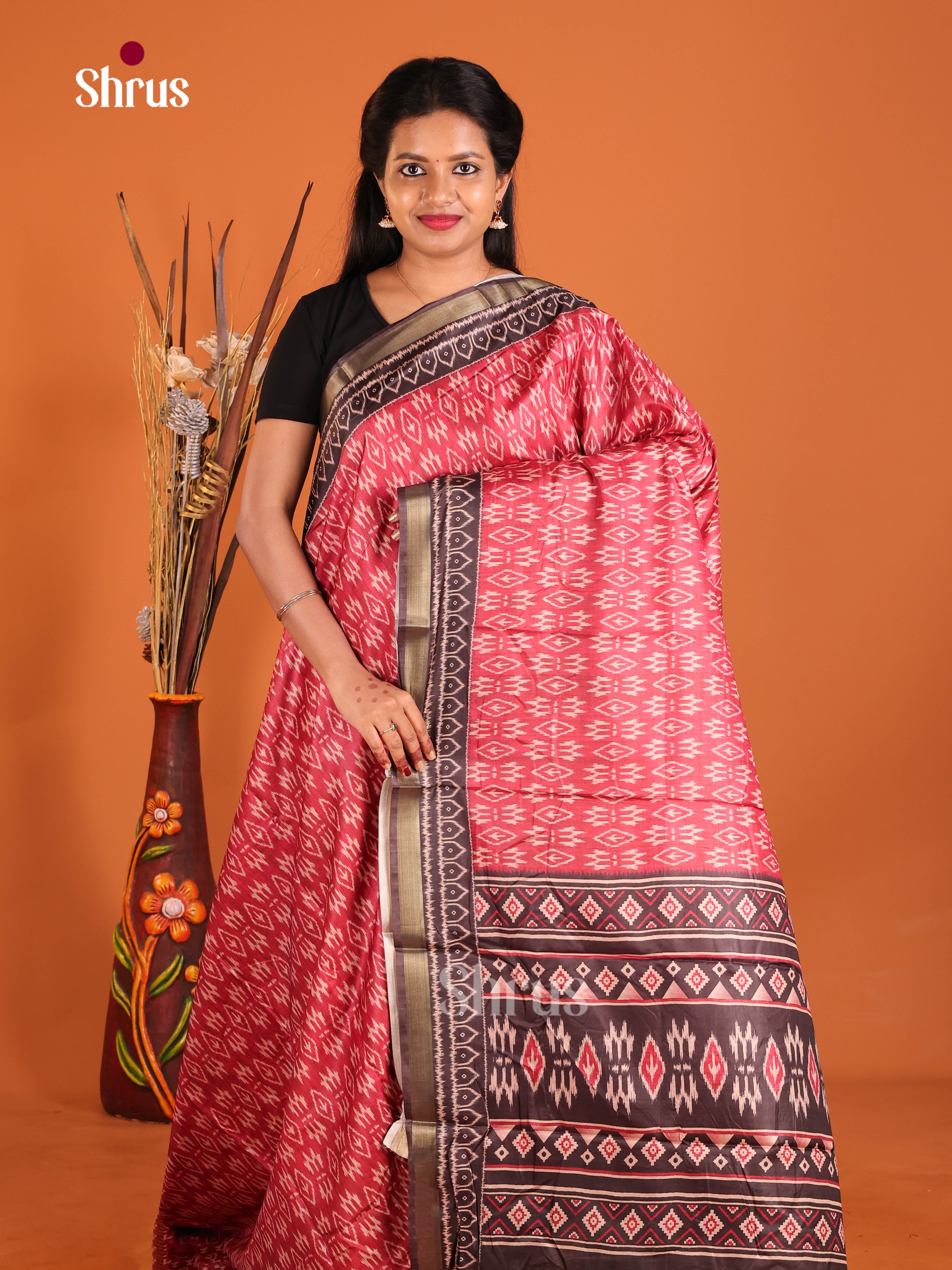 Red & Brown - Semi Crepe Saree - Shop on Shrus.com