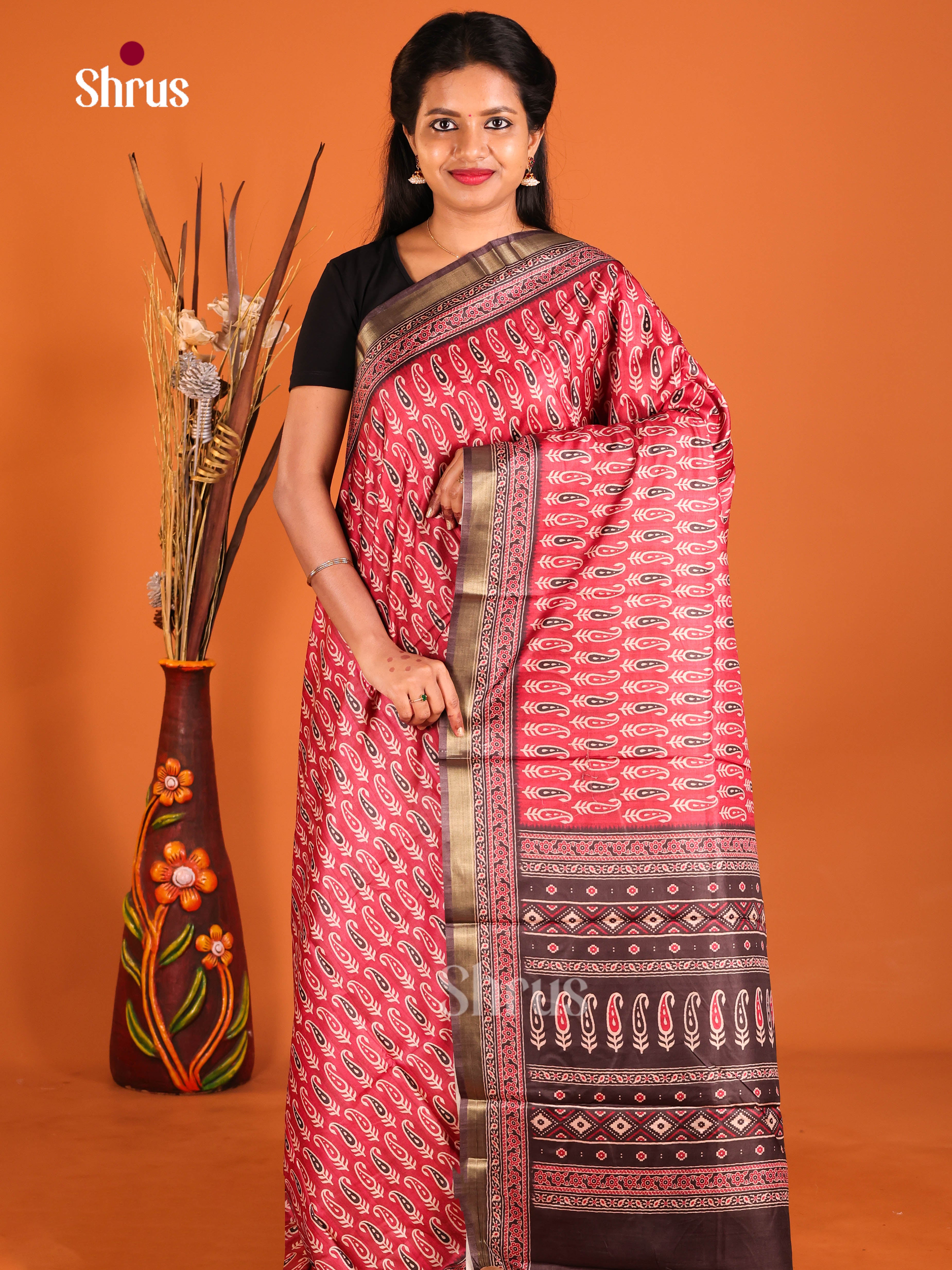 Red & Brown- Semi Crepe Saree - Shop on Shrus.com