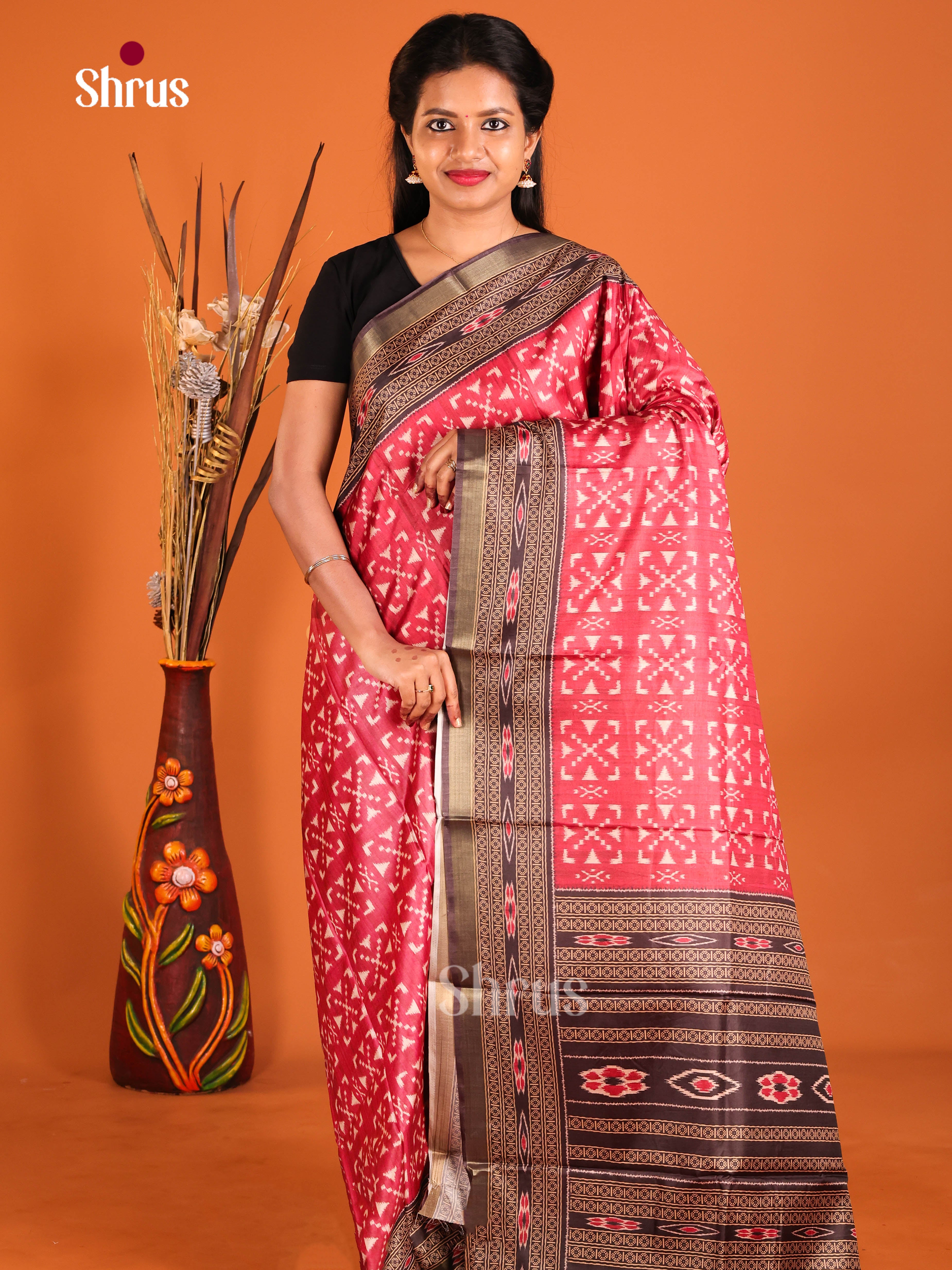 red & Brown - Semi Crepe Saree