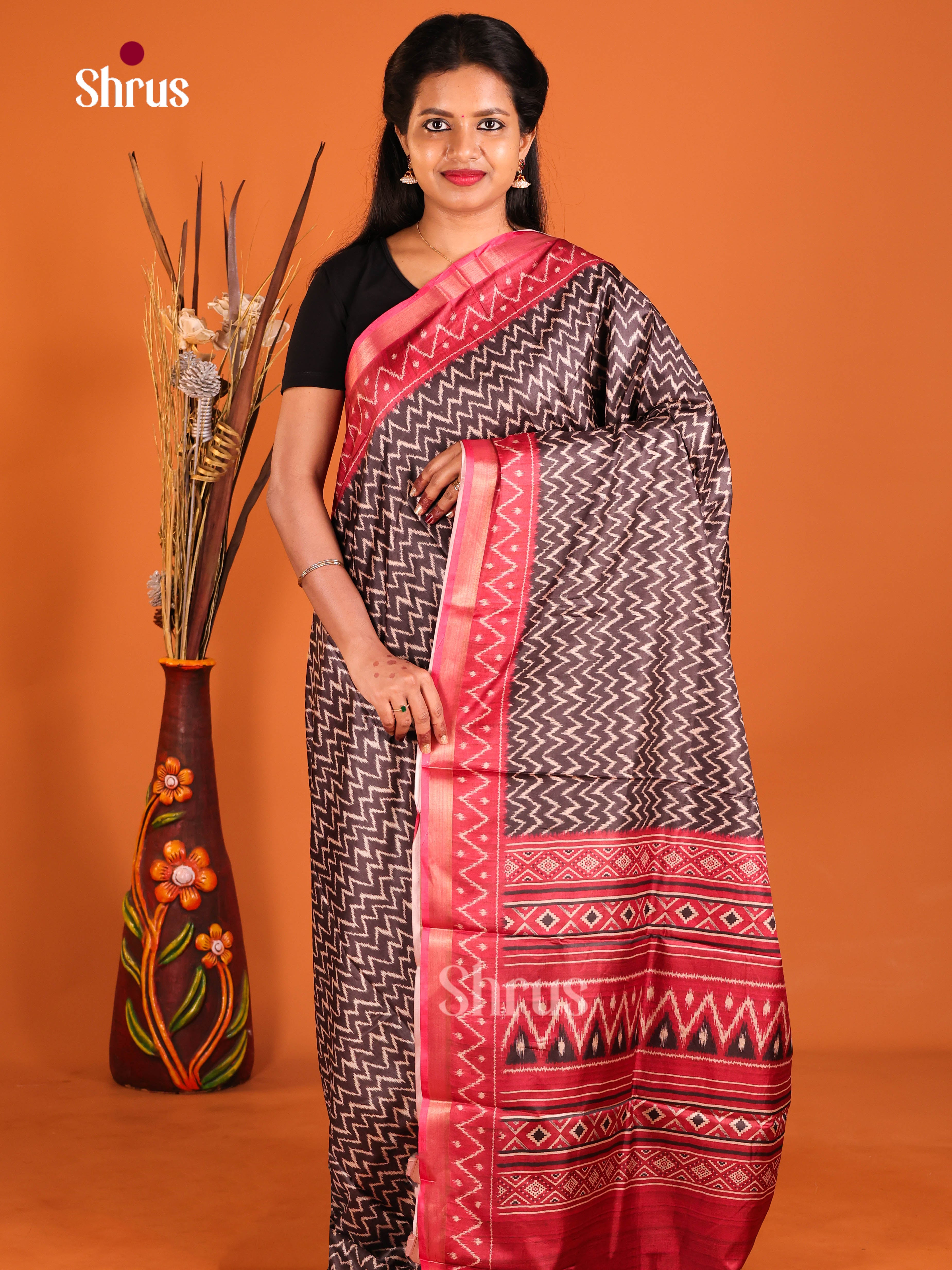 Brown & Red- Semi Crepe Saree