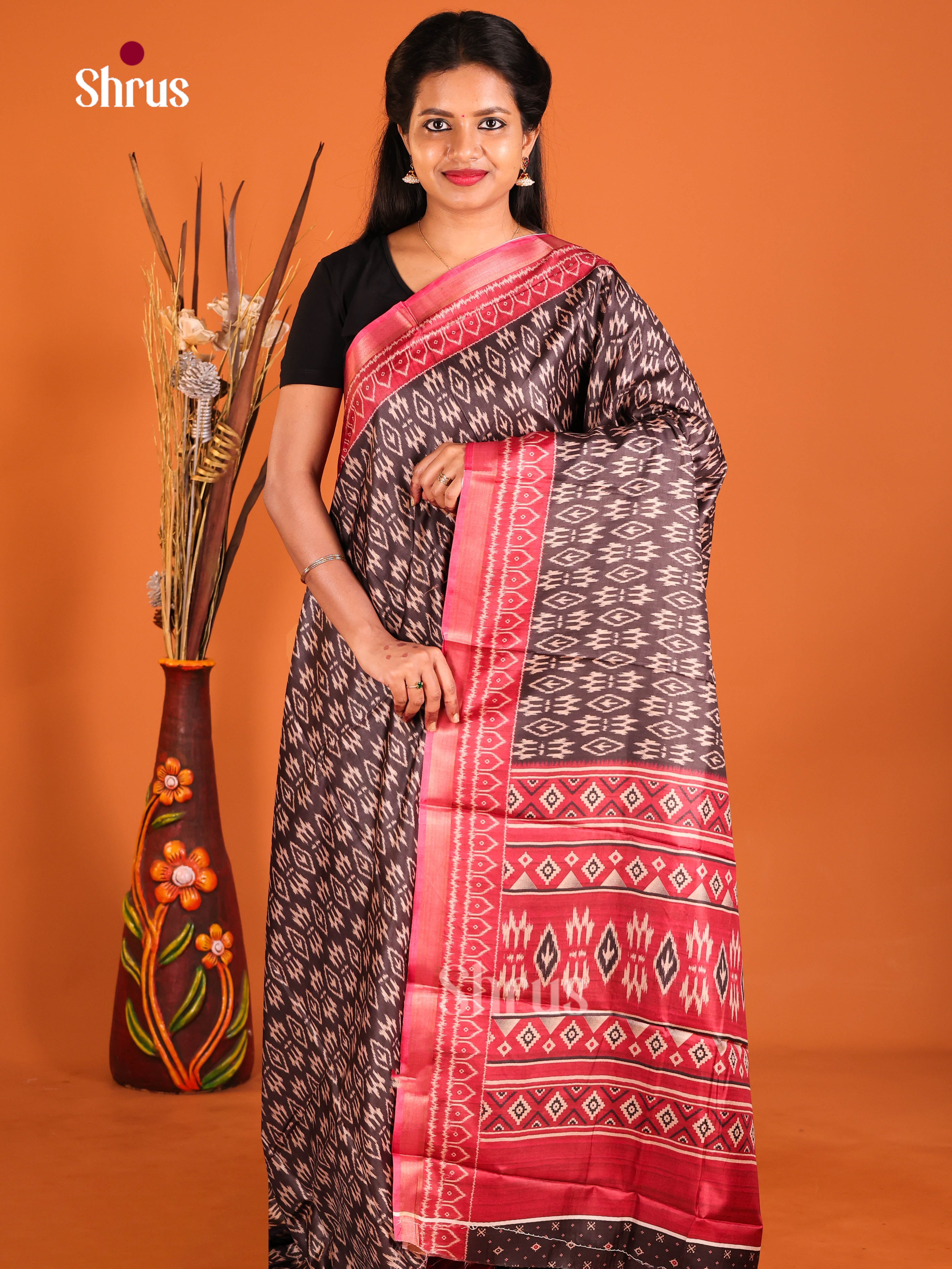 Brown & Red- Semi Crepe Saree